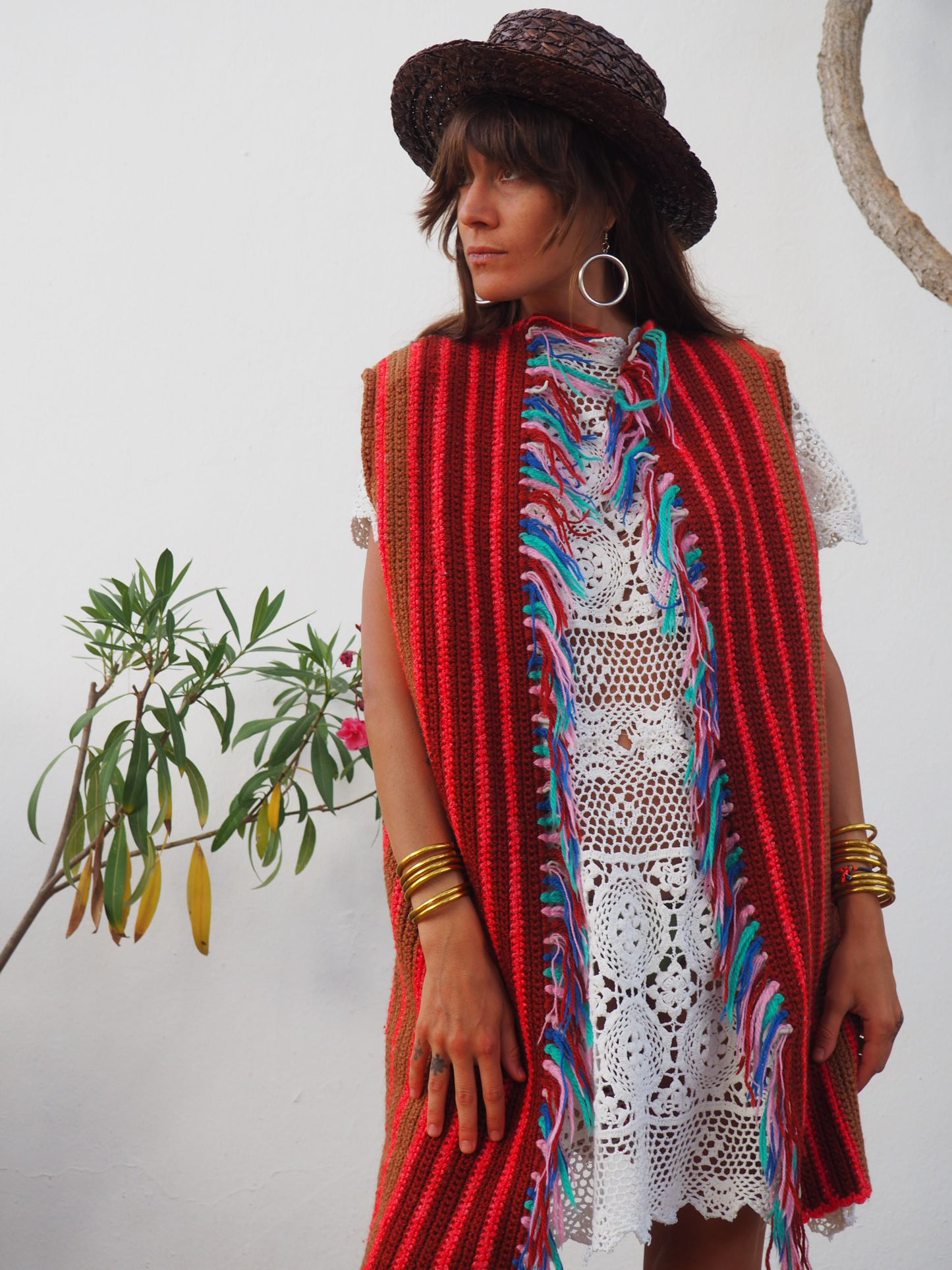 colourful waistcoat, Vintage Crochet Jacket, up cycled jacket , handmade jacket, striped jacket , vintage jacket, 1970s jacket , long waistcoat, slow fashion , sustainable fashion, vintage shop, ibiza vintage shop, ibiza style, bohemian jacket, boho jacket, colourful jacket, festival jacket, hippie style, 70s clothing, original vintage, recycled fashion brand, sustainable fashion brand, slow fashion brand, rainbow fashion, knitted jacket, woven jacket, winter jacket, crochet jumper, vintage fashion,