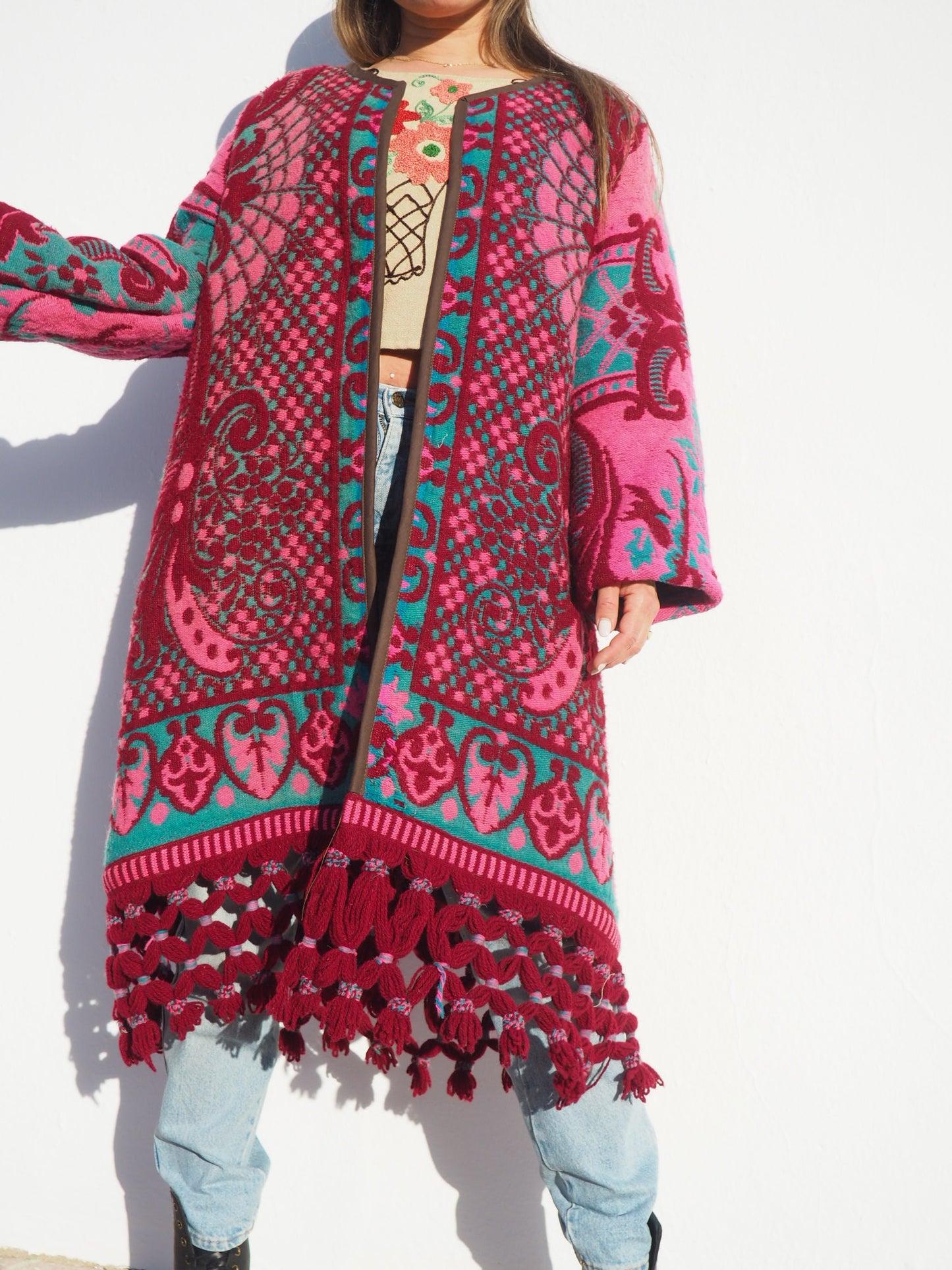 Amazing vintage woven tapestry jacket with insane oversize tassel trim up-cycled by Vagabond Ibiza