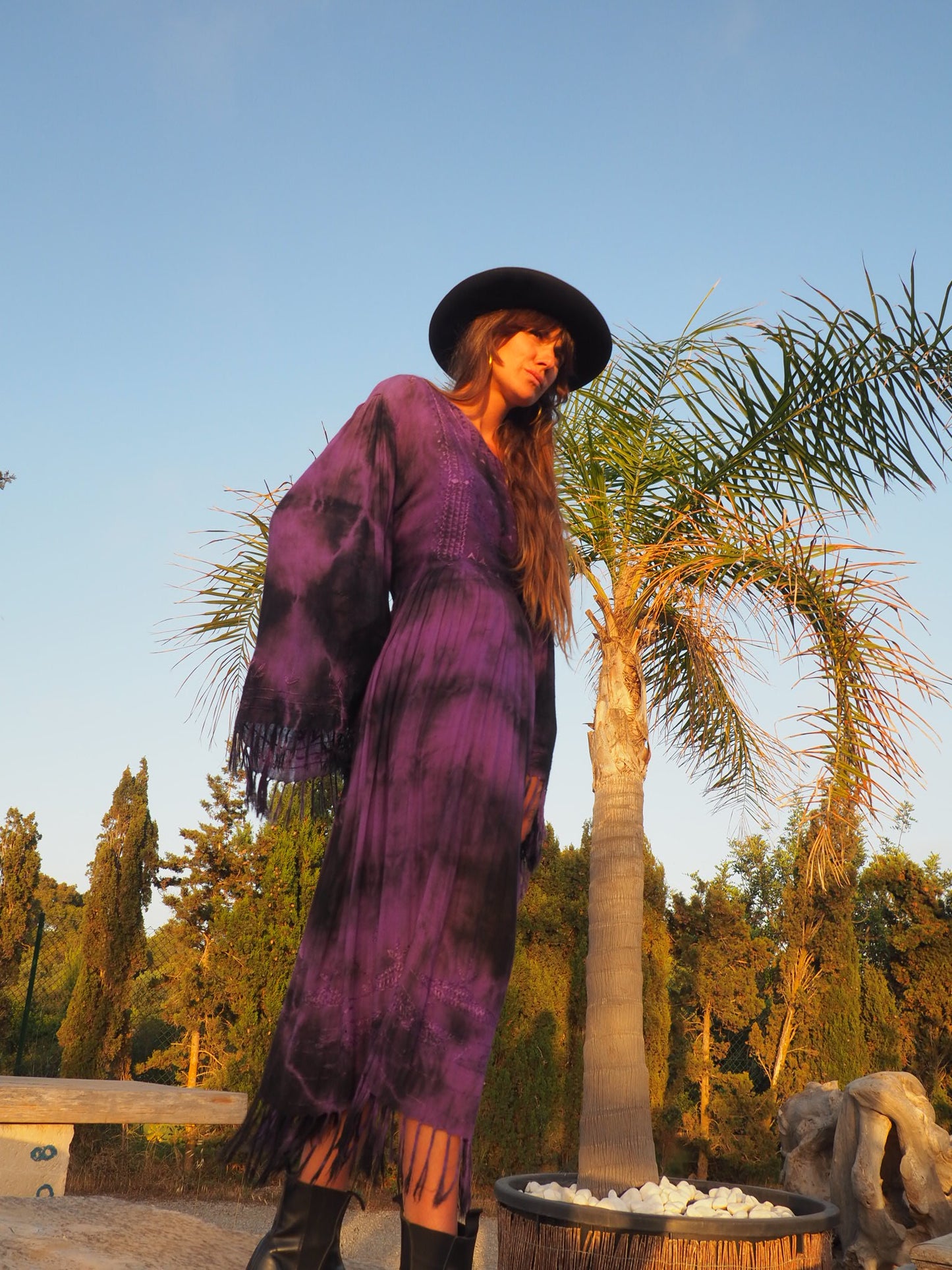 shop vintage online, affordable vintage clothing, vintage clothing store, vintage clothing brand, sustainable clothing brand, sustainable fashion, recycled fashion, slow fashion brand, recycled clothes, 70s vintage, bohemian vintage, affordable slow fashion, hippie boho, ethical fashion brand, hand stitched, festival fashion, Indian embroidery, vintage Indian , purple maxi dress, 70s dress, oversized sleeves, bell sleeves, tassel dress, boho dress, bohemian vintage, purple hippie dress, 1970s fashion