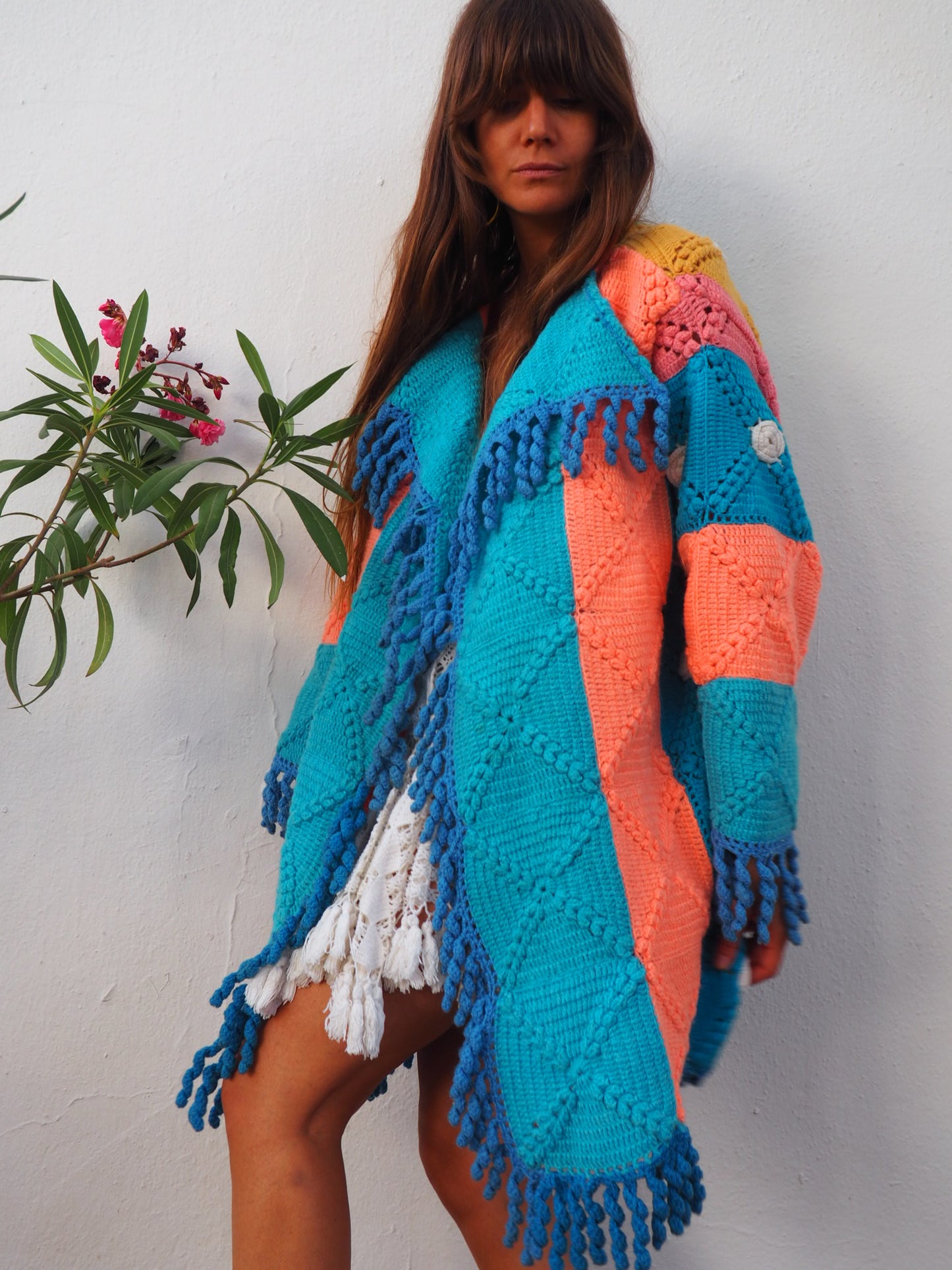 colourful waistcoat, Vintage Crochet Jacket, up cycled jacket , handmade jacket, striped jacket , vintage jacket, 1970s jacket , long waistcoat, slow fashion , sustainable fashion, vintage shop, ibiza vintage shop, ibiza style, bohemian jacket, boho jacket, colourful jacket, festival jacket, hippie style, 70s clothing, original vintage, recycled fashion brand, sustainable fashion brand, slow fashion brand, rainbow fashion, knitted jacket, woven jacket, winter jacket