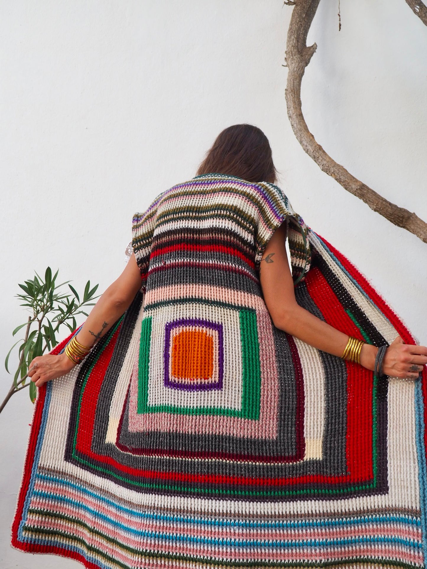 colourful waistcoat, Vintage Crochet Jacket, up cycled jacket , handmade jacket, striped jacket , vintage jacket, 1970s jacket , long waistcoat, slow fashion , sustainable fashion, vintage shop, ibiza vintage shop, ibiza style, bohemian jacket, boho jacket, colourful jacket, festival jacket, hippie style, 70s clothing, original vintage, recycled fashion brand, sustainable fashion brand, slow fashion brand, rainbow fashion, knitted jacket, woven jacket, winter jacket, granny crochet, granny squares