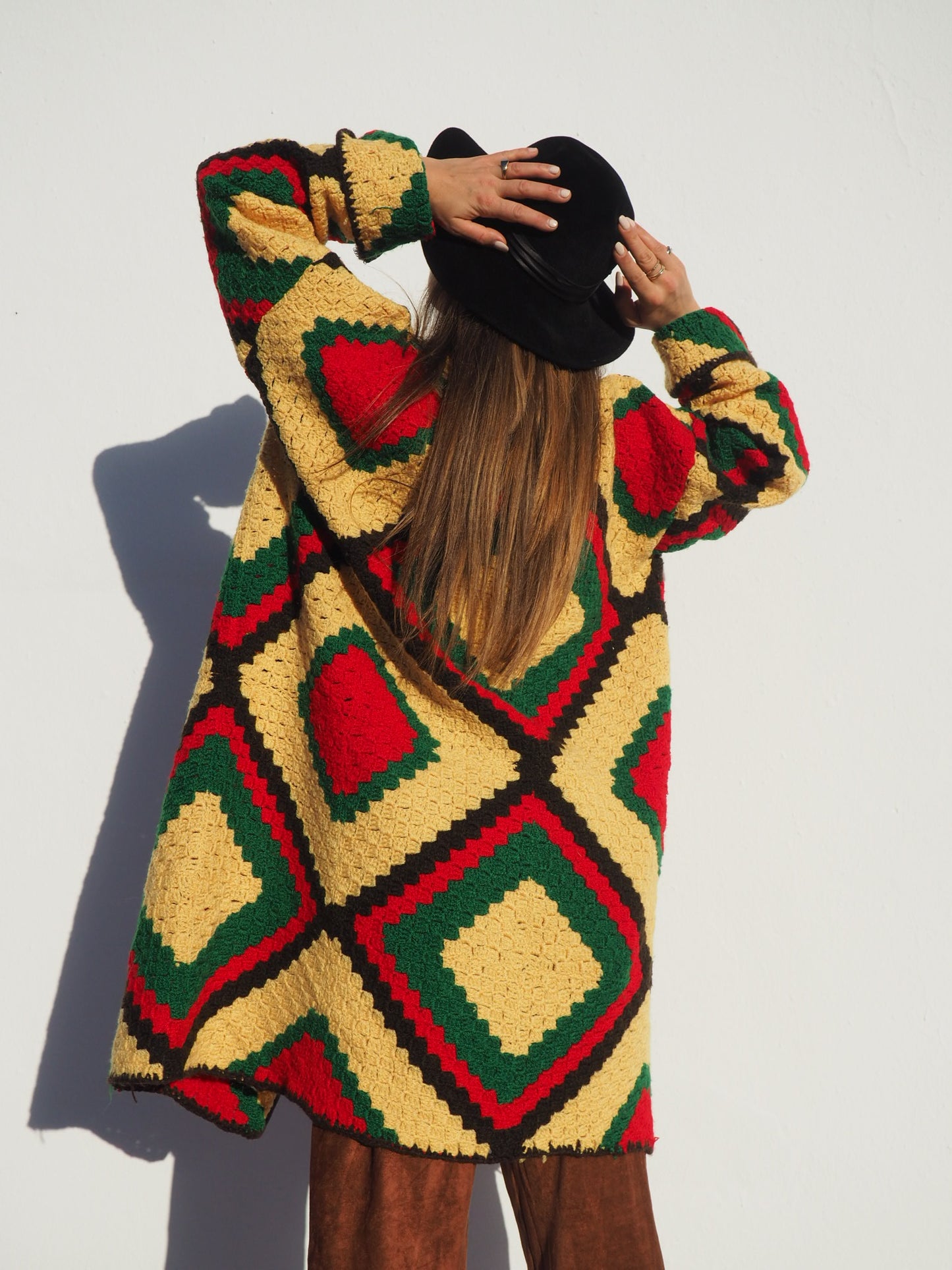 Vintage handmade crochet textiles in yellow green and brown up-cycled jacket by Vagabond Ibiza.