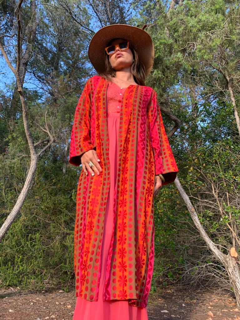 woven jacket upcycled,colourful waistcoat, Vintage Crochet Jacket, up cycled jacket , handmade jacket, striped jacket , vintage jacket, 1970s jacket , long waistcoat, slow fashion , sustainable fashion, vintage shop, ibiza vintage shop, ibiza style, bohemian jacket, boho jacket, colourful jacket, festival jacket, hippie style, 70s clothing, original vintage, recycled fashion brand, sustainable fashion brand, slow fashion brand, rainbow fashion, knitted jacket, woven jacket, winter jacket