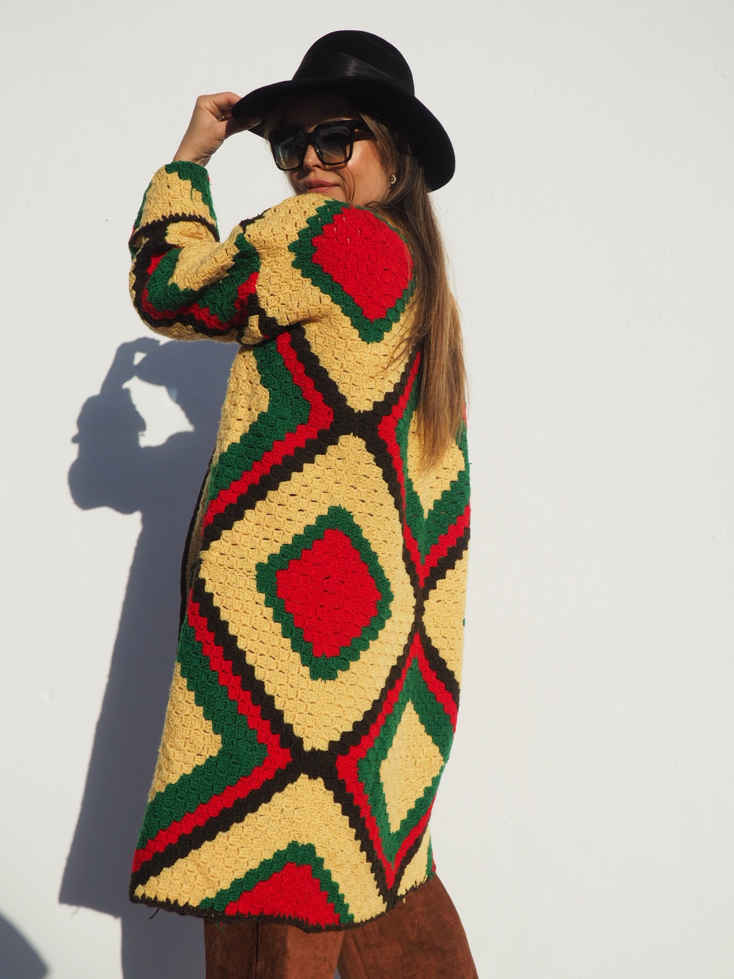 Vintage handmade crochet textiles in yellow green and brown up-cycled jacket by Vagabond Ibiza.