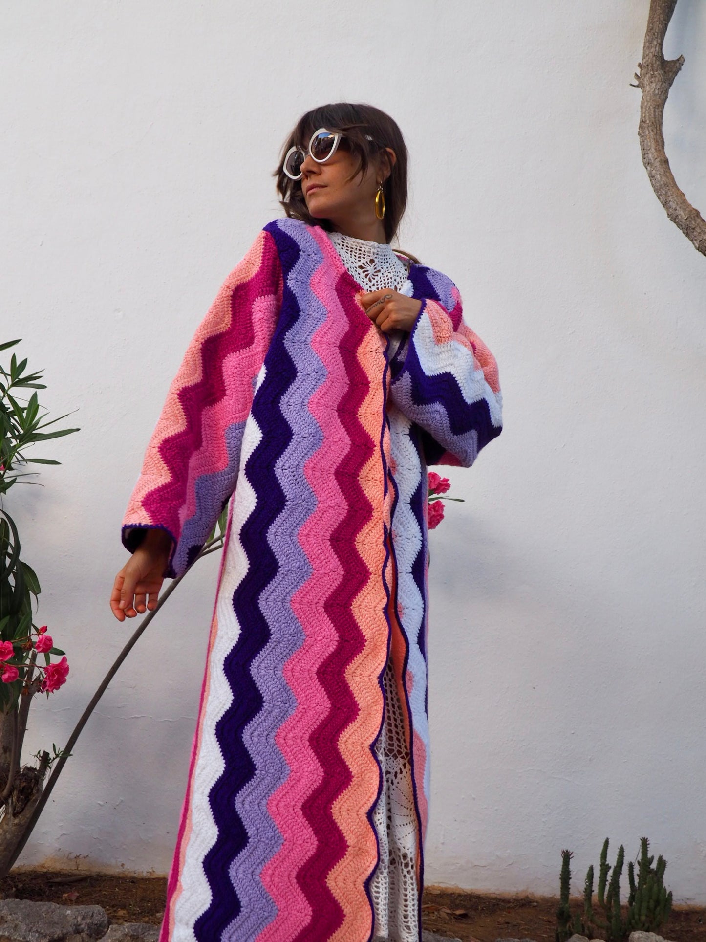 colourful waistcoat, Vintage Crochet Jacket, up cycled jacket , handmade jacket, striped jacket , vintage jacket, 1970s jacket , long waistcoat, slow fashion , sustainable fashion, vintage shop, ibiza vintage shop, ibiza style, bohemian jacket, boho jacket, colourful jacket, festival jacket, hippie style, 70s clothing, original vintage, recycled fashion brand, sustainable fashion brand, slow fashion brand, rainbow fashion, knitted jacket, woven jacket, winter jacket, crochet jumper, vintage fashion,