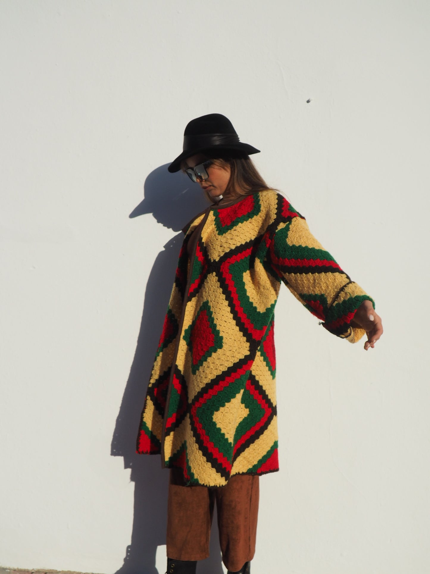 Vintage handmade crochet textiles in yellow green and brown up-cycled jacket by Vagabond Ibiza.