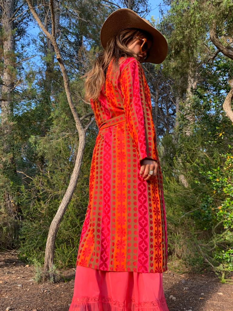 retro textiles up-cycled,colourful waistcoat, Vintage Crochet Jacket, up cycled jacket , handmade jacket, striped jacket , vintage jacket, 1970s jacket , long waistcoat, slow fashion , sustainable fashion, vintage shop, ibiza vintage shop, ibiza style, bohemian jacket, boho jacket, colourful jacket, festival jacket, hippie style, 70s clothing, original vintage, recycled fashion brand, sustainable fashion brand, slow fashion brand, rainbow fashion, knitted jacket, woven jacket, winter jacket