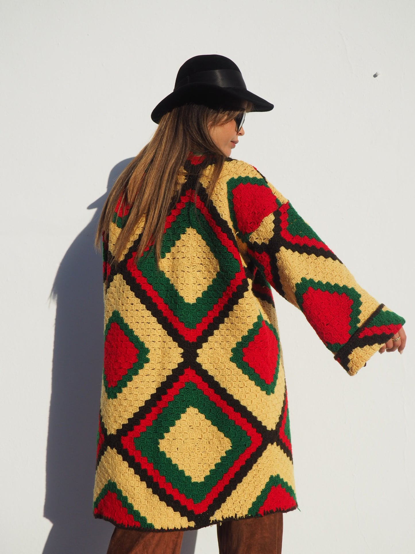 Vintage handmade crochet textiles in yellow green and brown up-cycled jacket by Vagabond Ibiza.