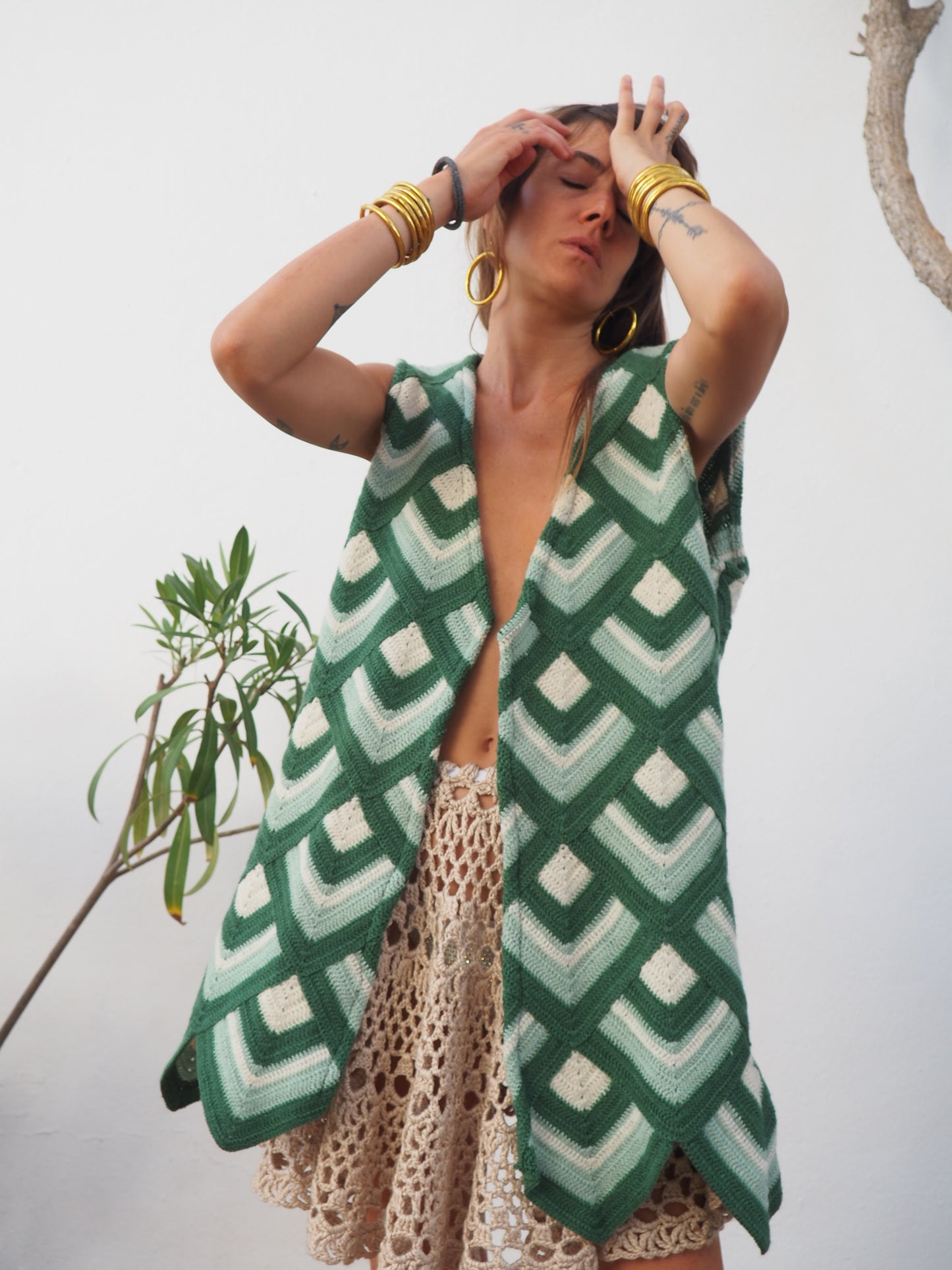 colourful waistcoat, Vintage Crochet Jacket, up cycled jacket , handmade jacket, striped jacket , vintage jacket, 1970s jacket , long waistcoat, slow fashion , sustainable fashion, vintage shop, ibiza vintage shop, ibiza style, bohemian jacket, boho jacket, colourful jacket, festival jacket, hippie style, 70s clothing, original vintage, recycled fashion brand, sustainable fashion brand, slow fashion brand, rainbow fashion, knitted jacket, woven jacket, winter jacket, granny crochet, granny squares