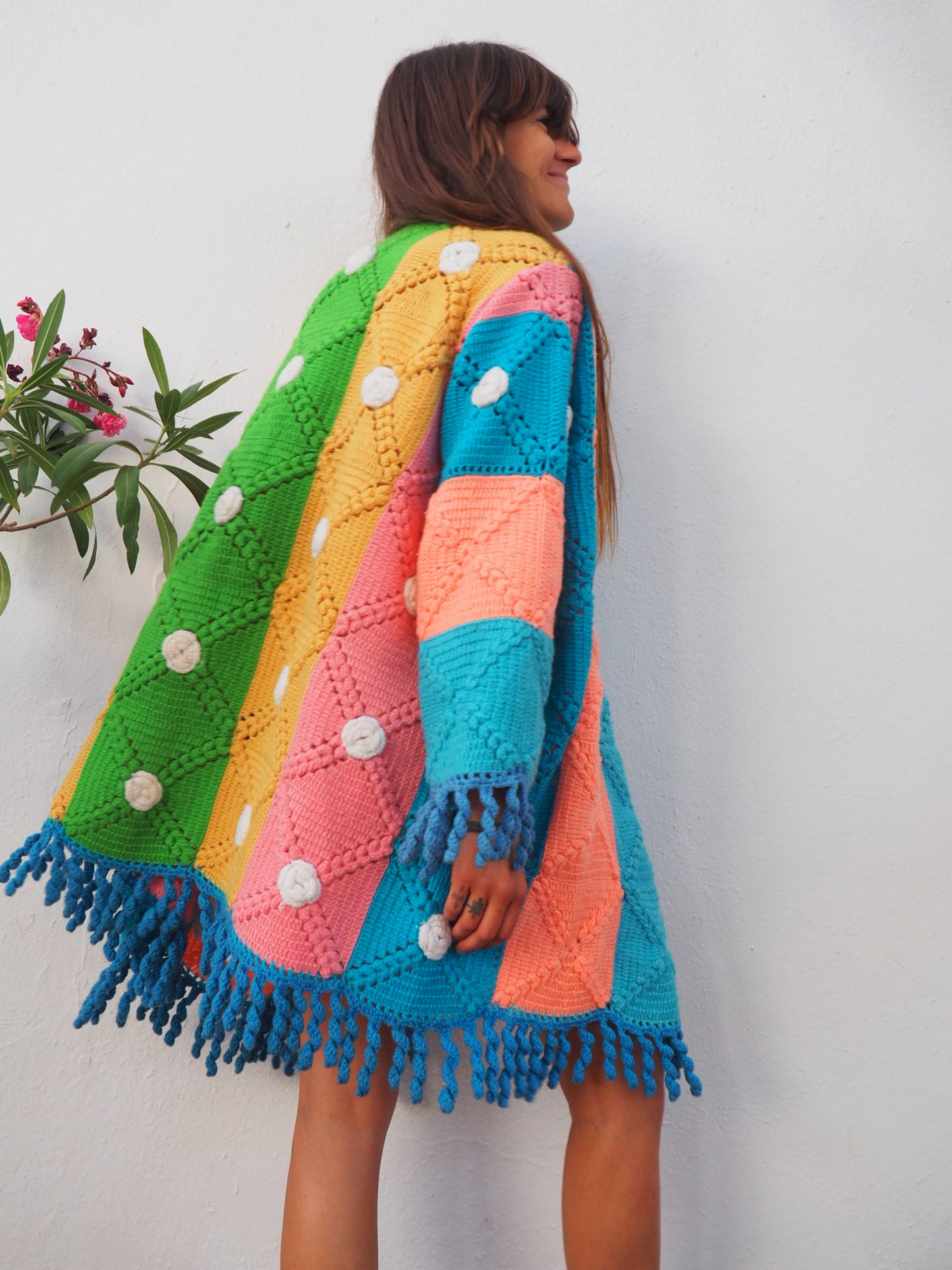 colourful waistcoat, Vintage Crochet Jacket, up cycled jacket , handmade jacket, striped jacket , vintage jacket, 1970s jacket , long waistcoat, slow fashion , sustainable fashion, vintage shop, ibiza vintage shop, ibiza style, bohemian jacket, boho jacket, colourful jacket, festival jacket, hippie style, 70s clothing, original vintage, recycled fashion brand, sustainable fashion brand, slow fashion brand, rainbow fashion, knitted jacket, woven jacket, winter jacket