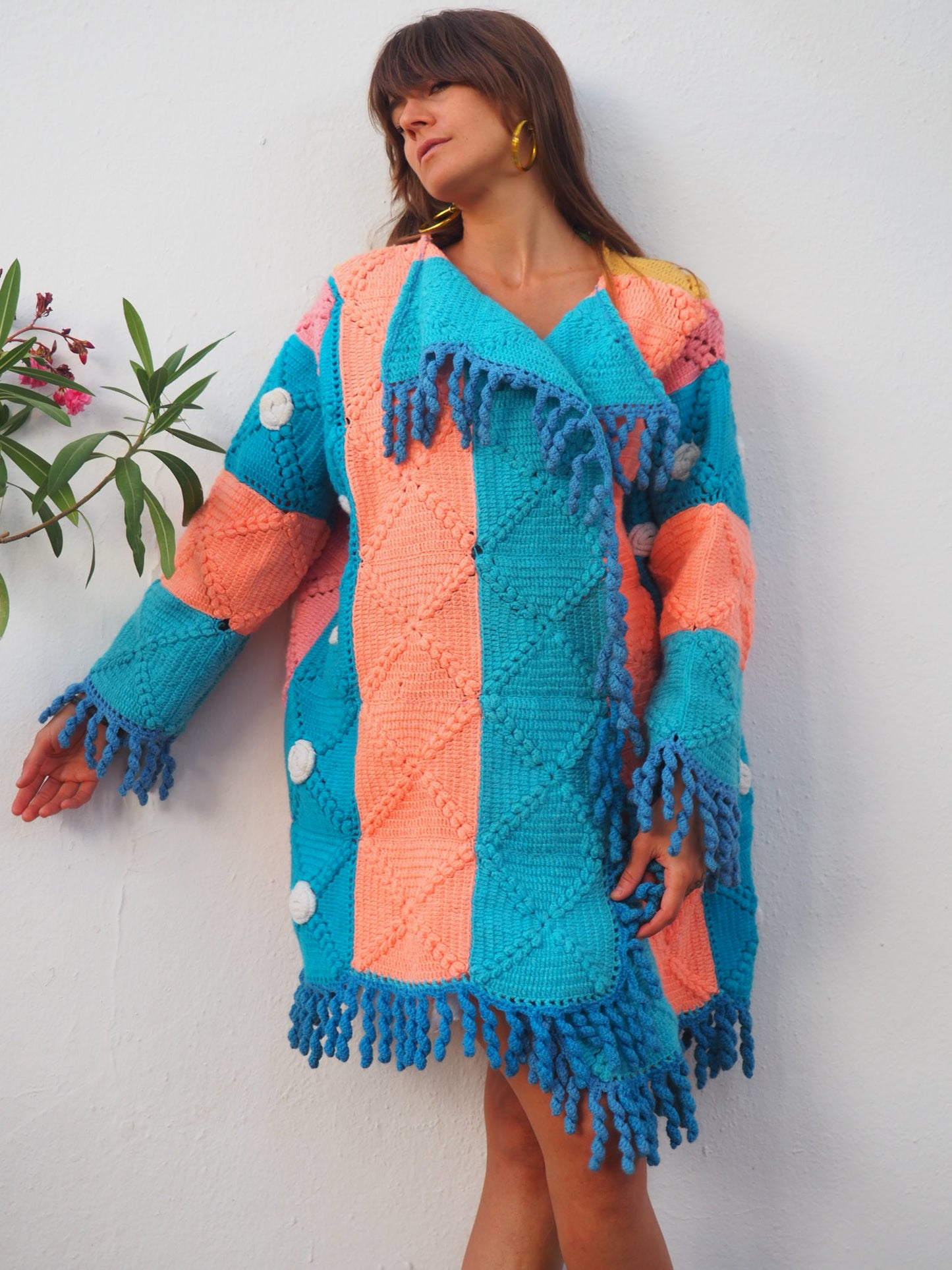 colourful waistcoat, Vintage Crochet Jacket, up cycled jacket , handmade jacket, striped jacket , vintage jacket, 1970s jacket , long waistcoat, slow fashion , sustainable fashion, vintage shop, ibiza vintage shop, ibiza style, bohemian jacket, boho jacket, colourful jacket, festival jacket, hippie style, 70s clothing, original vintage, recycled fashion brand, sustainable fashion brand, slow fashion brand, rainbow fashion, knitted jacket, woven jacket, winter jacket