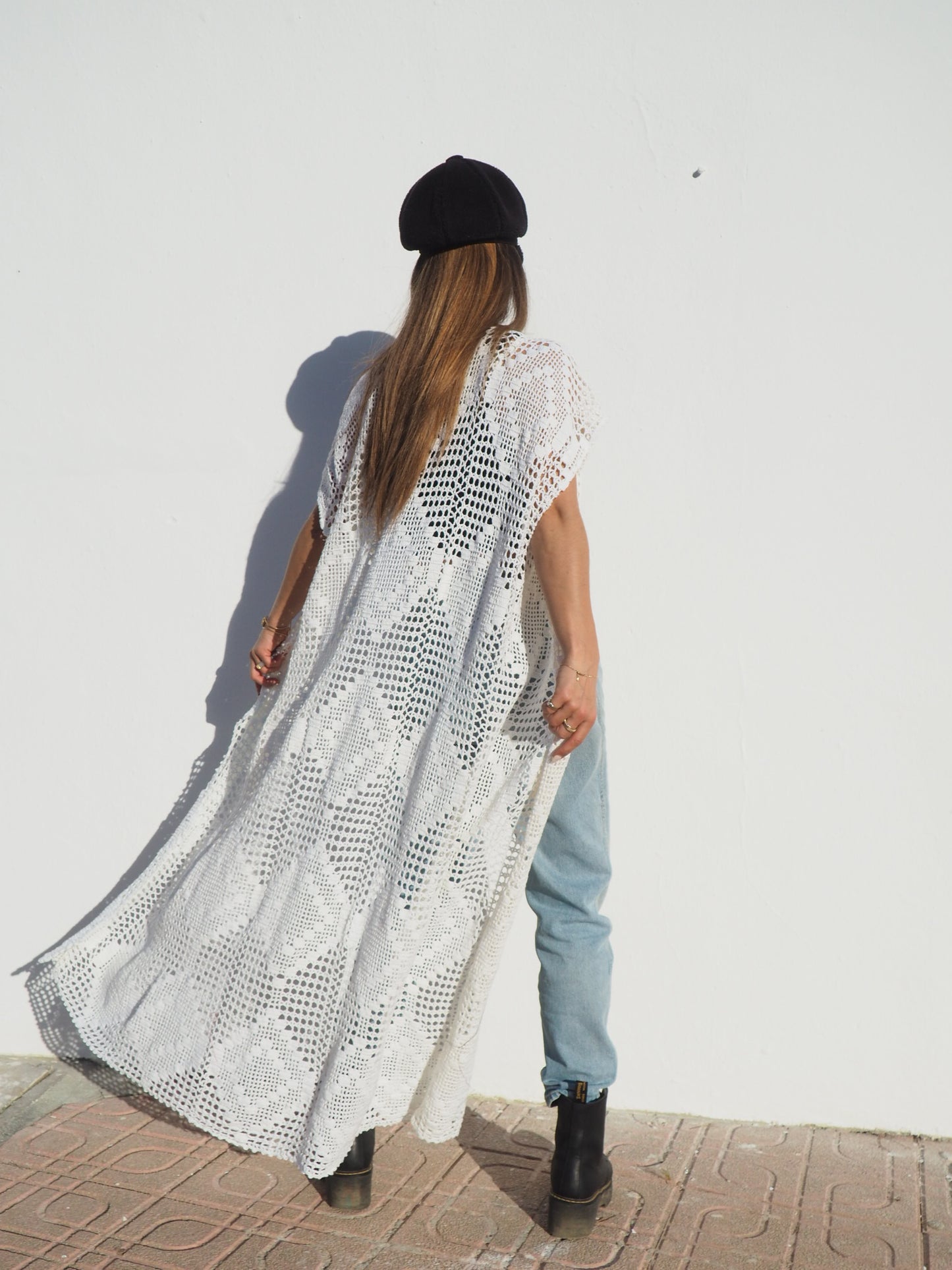 Unique white handmade crochet jacket up-cycled by vagabond ibiza