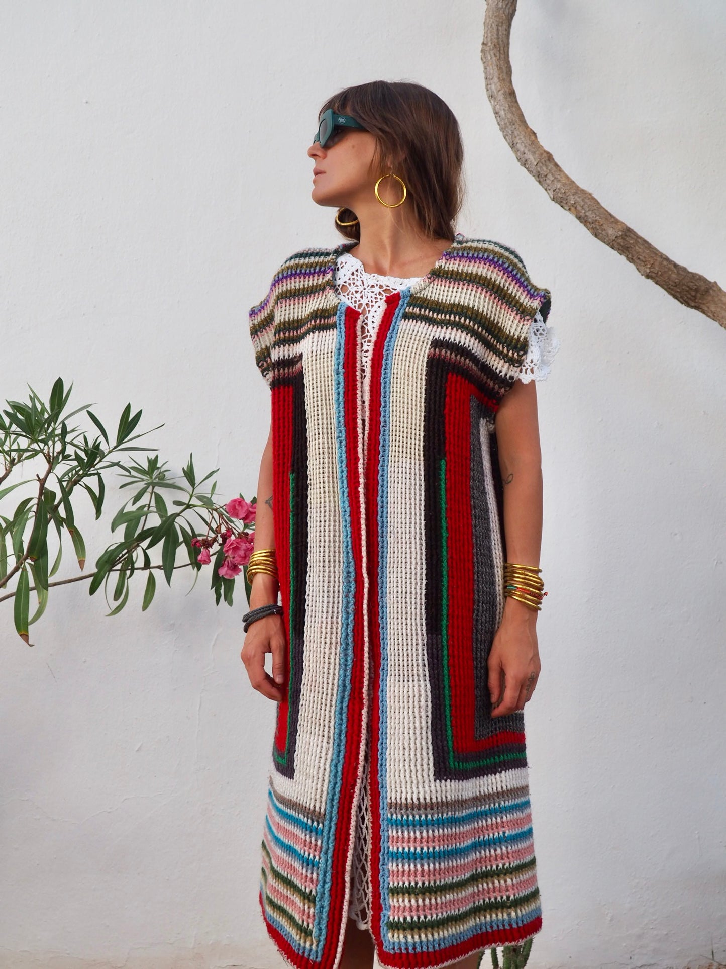 colourful waistcoat, Vintage Crochet Jacket, up cycled jacket , handmade jacket, striped jacket , vintage jacket, 1970s jacket , long waistcoat, slow fashion , sustainable fashion, vintage shop, ibiza vintage shop, ibiza style, bohemian jacket, boho jacket, colourful jacket, festival jacket, hippie style, 70s clothing, original vintage, recycled fashion brand, sustainable fashion brand, slow fashion brand, rainbow fashion, knitted jacket, woven jacket, winter jacket, granny crochet, granny squares