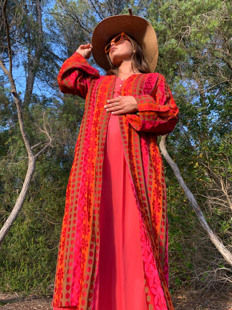 woven jacket,colourful waistcoat, Vintage Crochet Jacket, up cycled jacket , handmade jacket, striped jacket , vintage jacket, 1970s jacket , long waistcoat, slow fashion , sustainable fashion, vintage shop, ibiza vintage shop, ibiza style, bohemian jacket, boho jacket, colourful jacket, festival jacket, hippie style, 70s clothing, original vintage, recycled fashion brand, sustainable fashion brand, slow fashion brand, rainbow fashion, knitted jacket, woven jacket, winter jacket