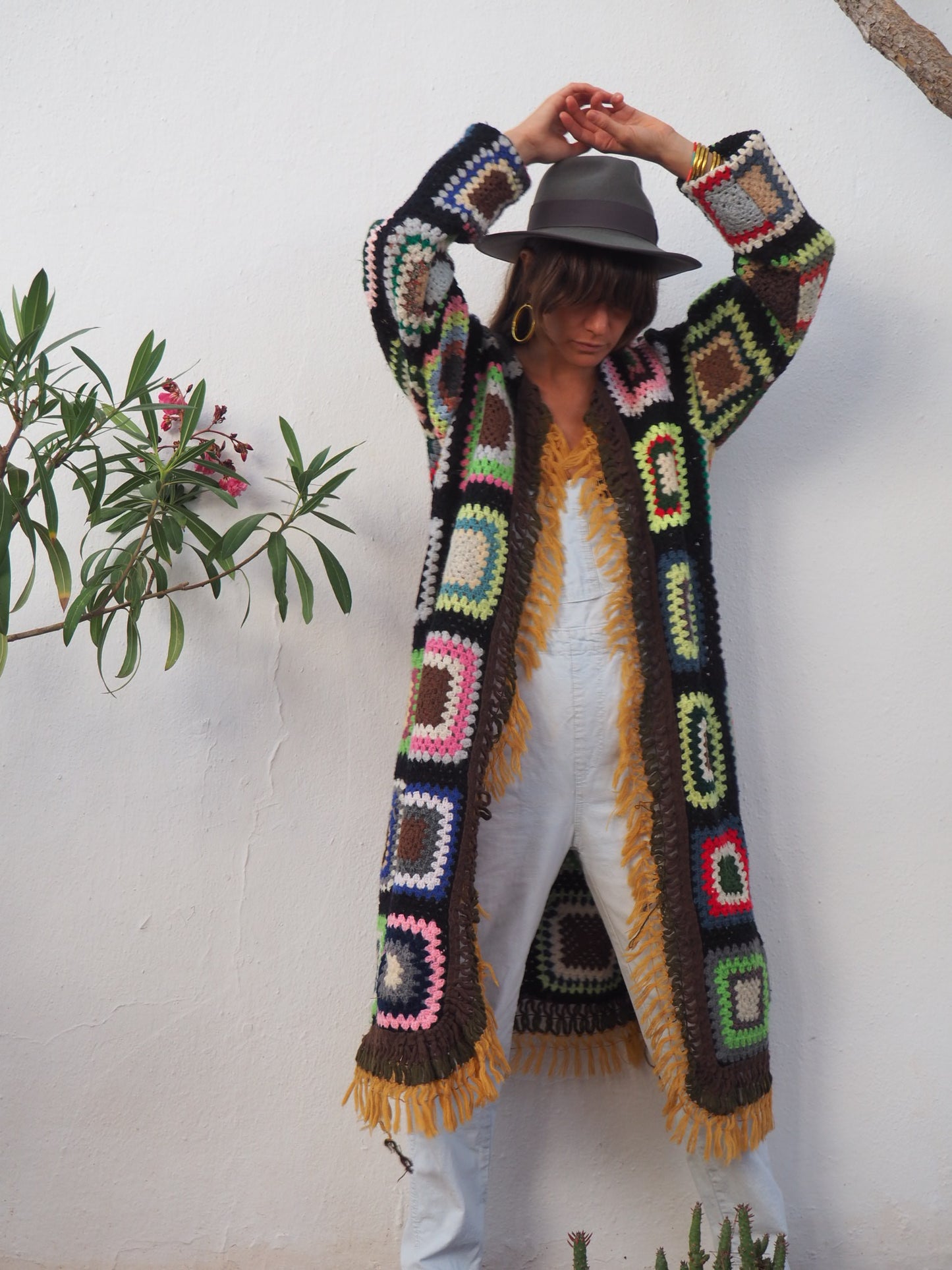 colourful waistcoat, Vintage Crochet Jacket, up cycled jacket , handmade jacket, striped jacket , vintage jacket, 1970s jacket , long waistcoat, slow fashion , sustainable fashion, vintage shop, ibiza vintage shop, ibiza style, bohemian jacket, boho jacket, colourful jacket, festival jacket, hippie style, 70s clothing, original vintage, recycled fashion brand, sustainable fashion brand, slow fashion brand, rainbow fashion, knitted jacket, woven jacket, winter jacket