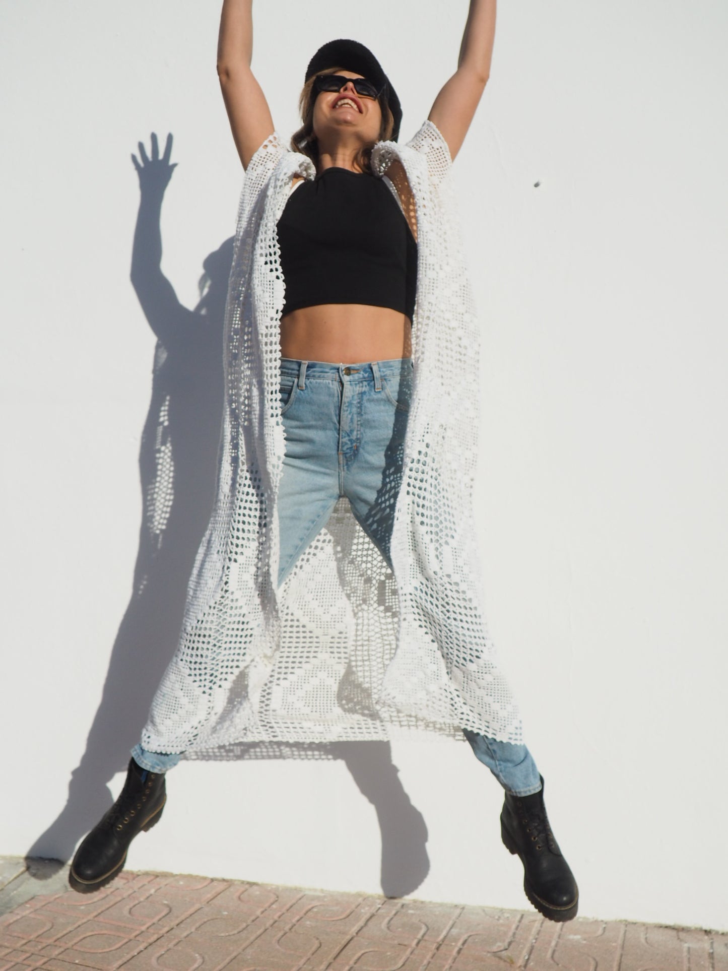 Unique white handmade crochet jacket up-cycled by vagabond ibiza