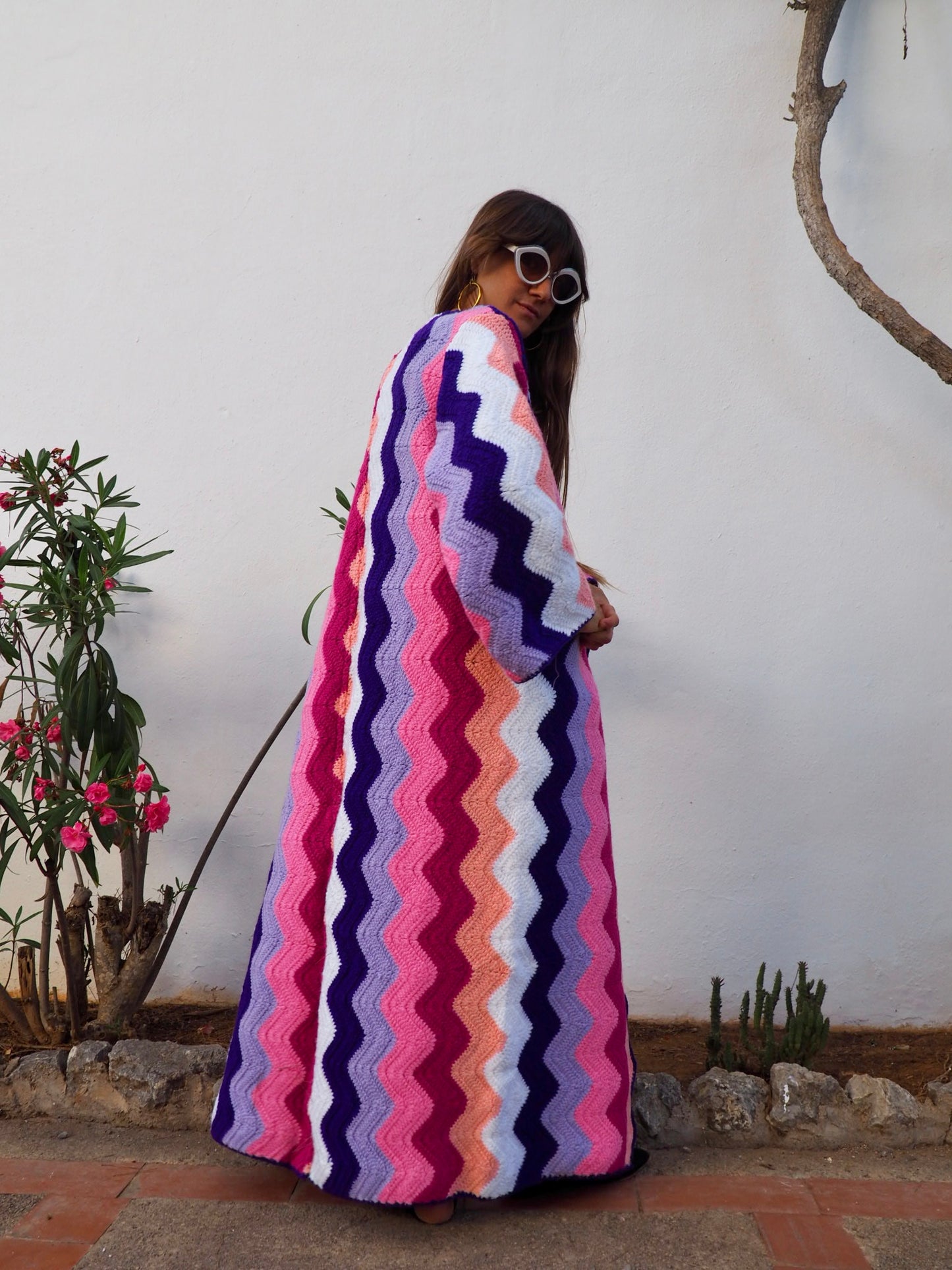 colourful waistcoat, Vintage Crochet Jacket, up cycled jacket , handmade jacket, striped jacket , vintage jacket, 1970s jacket , long waistcoat, slow fashion , sustainable fashion, vintage shop, ibiza vintage shop, ibiza style, bohemian jacket, boho jacket, colourful jacket, festival jacket, hippie style, 70s clothing, original vintage, recycled fashion brand, sustainable fashion brand, slow fashion brand, rainbow fashion, knitted jacket, woven jacket, winter jacket, crochet jumper, vintage fashion,
