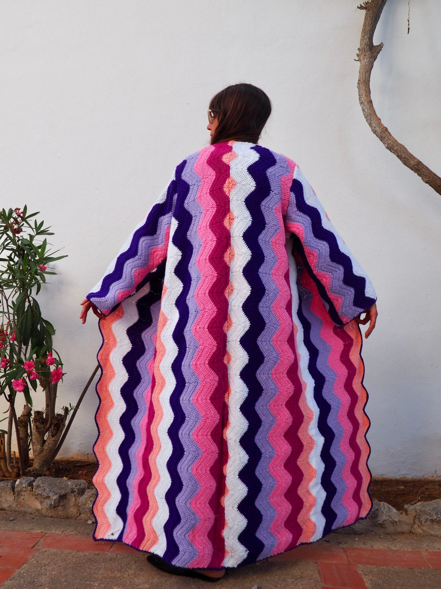 colourful waistcoat, Vintage Crochet Jacket, up cycled jacket , handmade jacket, striped jacket , vintage jacket, 1970s jacket , long waistcoat, slow fashion , sustainable fashion, vintage shop, ibiza vintage shop, ibiza style, bohemian jacket, boho jacket, colourful jacket, festival jacket, hippie style, 70s clothing, original vintage, recycled fashion brand, sustainable fashion brand, slow fashion brand, rainbow fashion, knitted jacket, woven jacket, winter jacket, crochet jumper, vintage fashion,