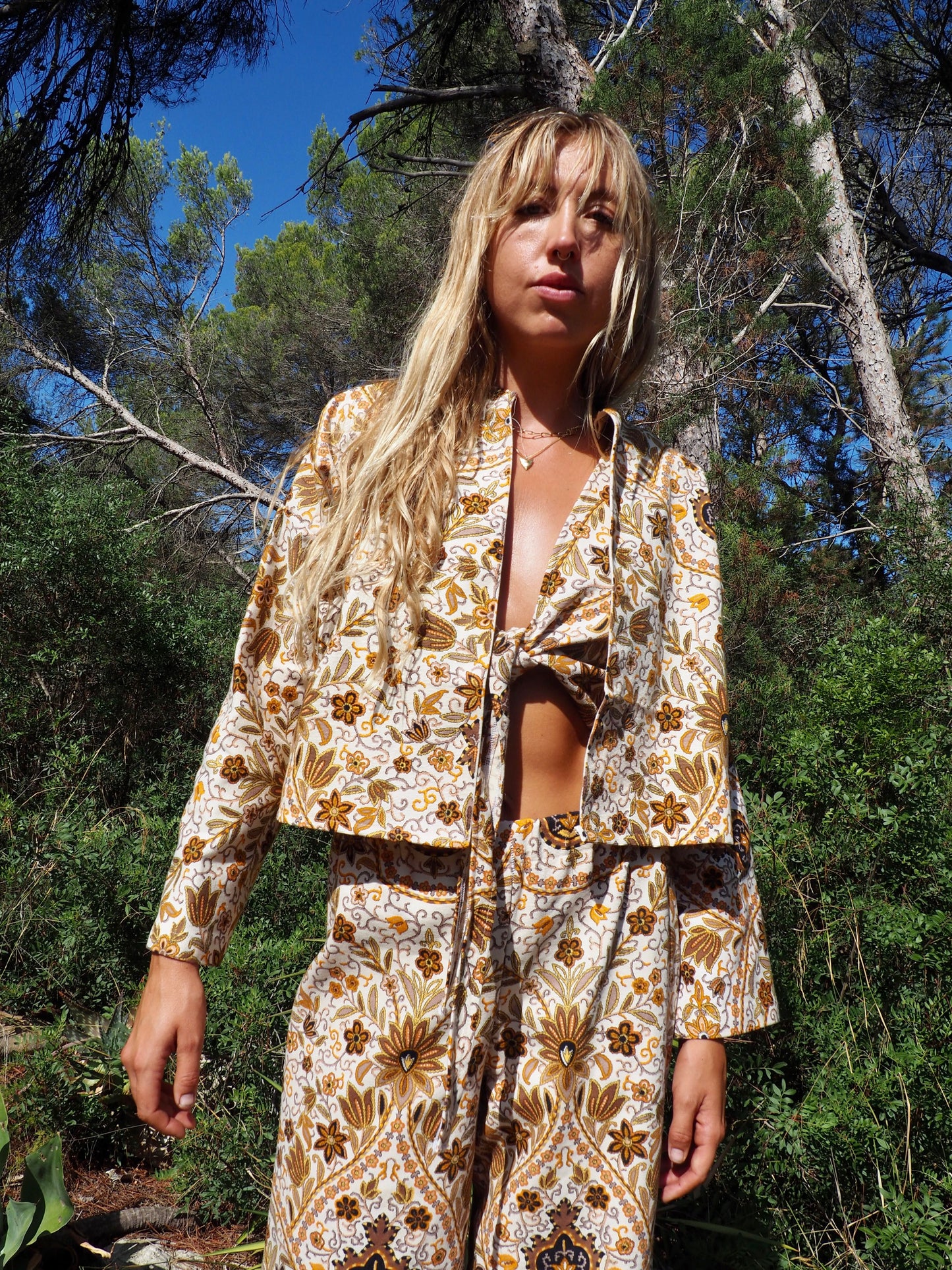 Up-cycled heavy cotton cropped jacket with Cream yellow and black floral printed design the textile is from france very nice quality by Vagabond Ibiza