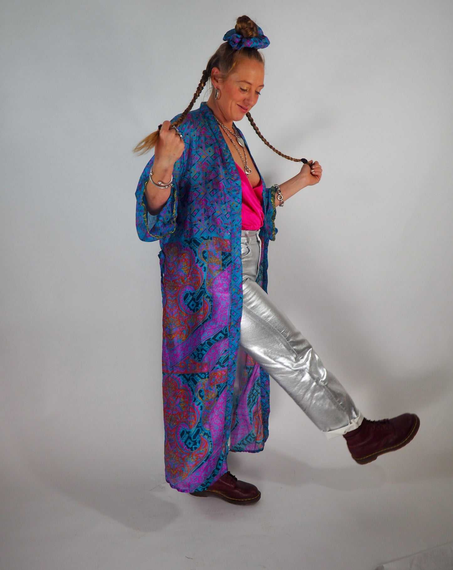 The Kardash Long Kimono – Up-cycled Vintage Sari long Kimono Robe with Waist Tie + Matching Scrunchy & Storage Bag