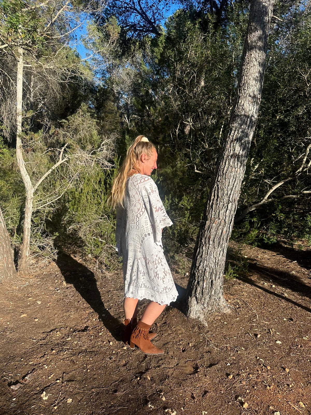 White vintage lace upcycled bell sleeve dress made by Vagabond Ibiza made in Ibiza