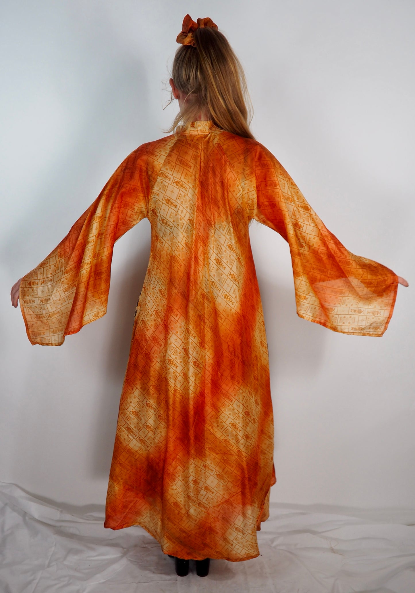 The Diamond Bias-Cut Maxi Dress – Up-cycled Vintage Sari Sustainable Dress with angel Sleeves + Matching Scrunchy & Bag