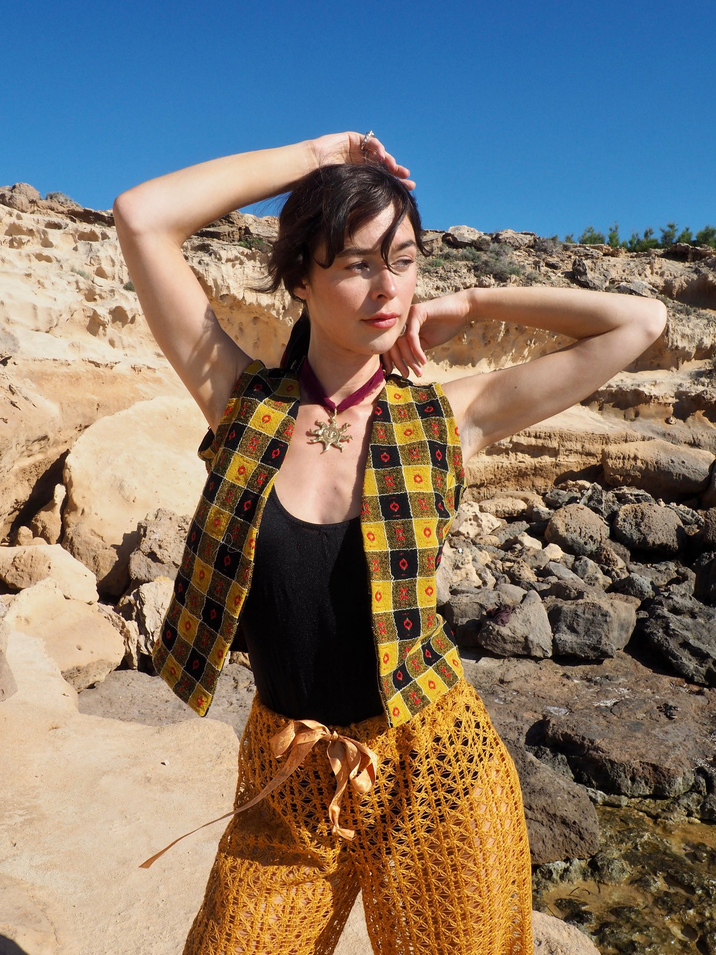 Small Cropped Waistcoat in Mustard Yellow, Black, and Red - Upcycled Vintage Textiles Made by Vagabond Ibiza