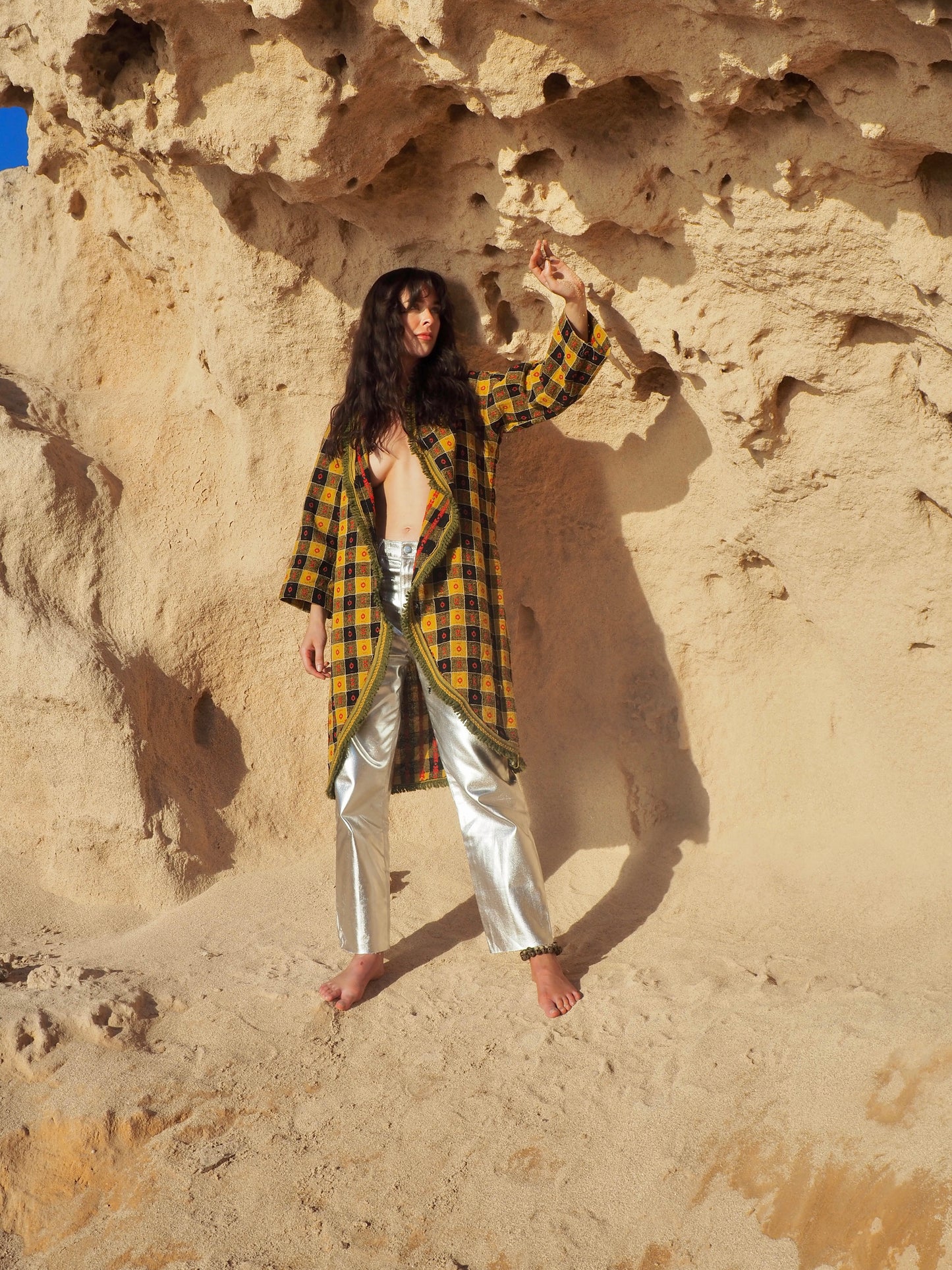 Long Full Jacket in Mustard Yellow, Black, and Red - Upcycled Vintage Textiles Made by Vagabond Ibiza