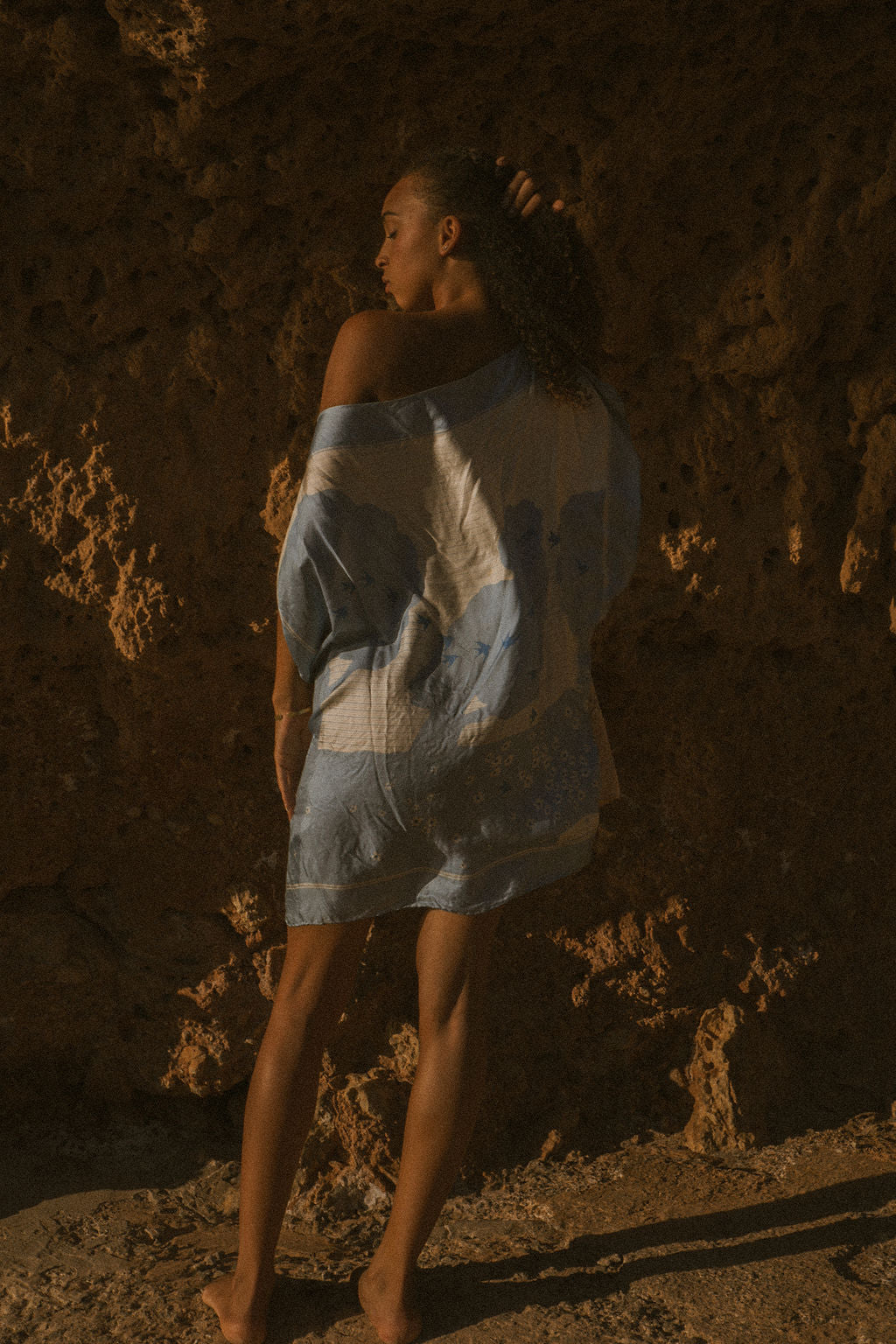 Blue and Cream Scarf Dress – Vintage Silk Sari Print Panel Dress