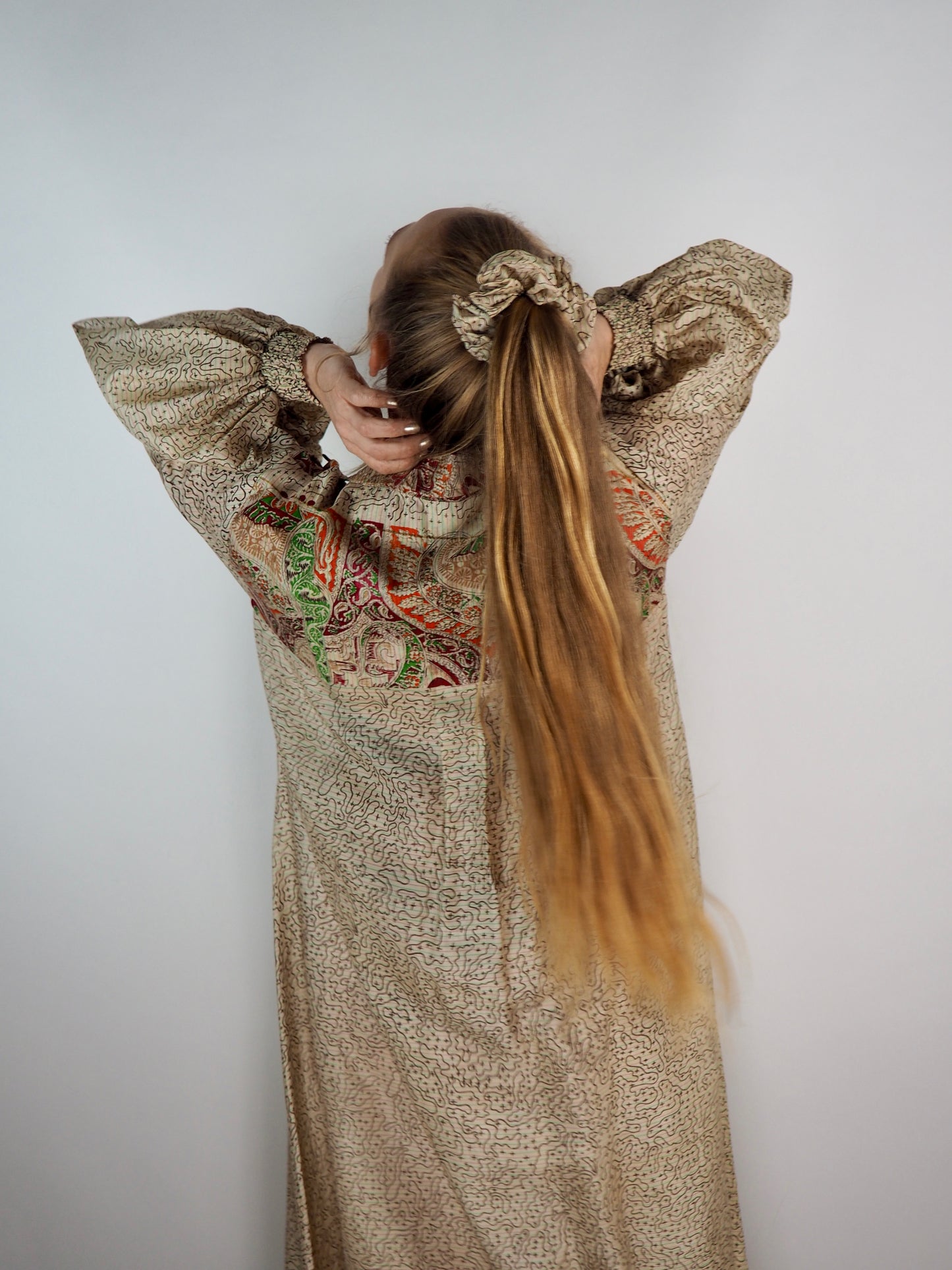 The Lenya Up-cycled Vintage Sari Dress – Sustainable Boho Dress with Oversized Sleeves Matching Scrunchy & Storage Bag