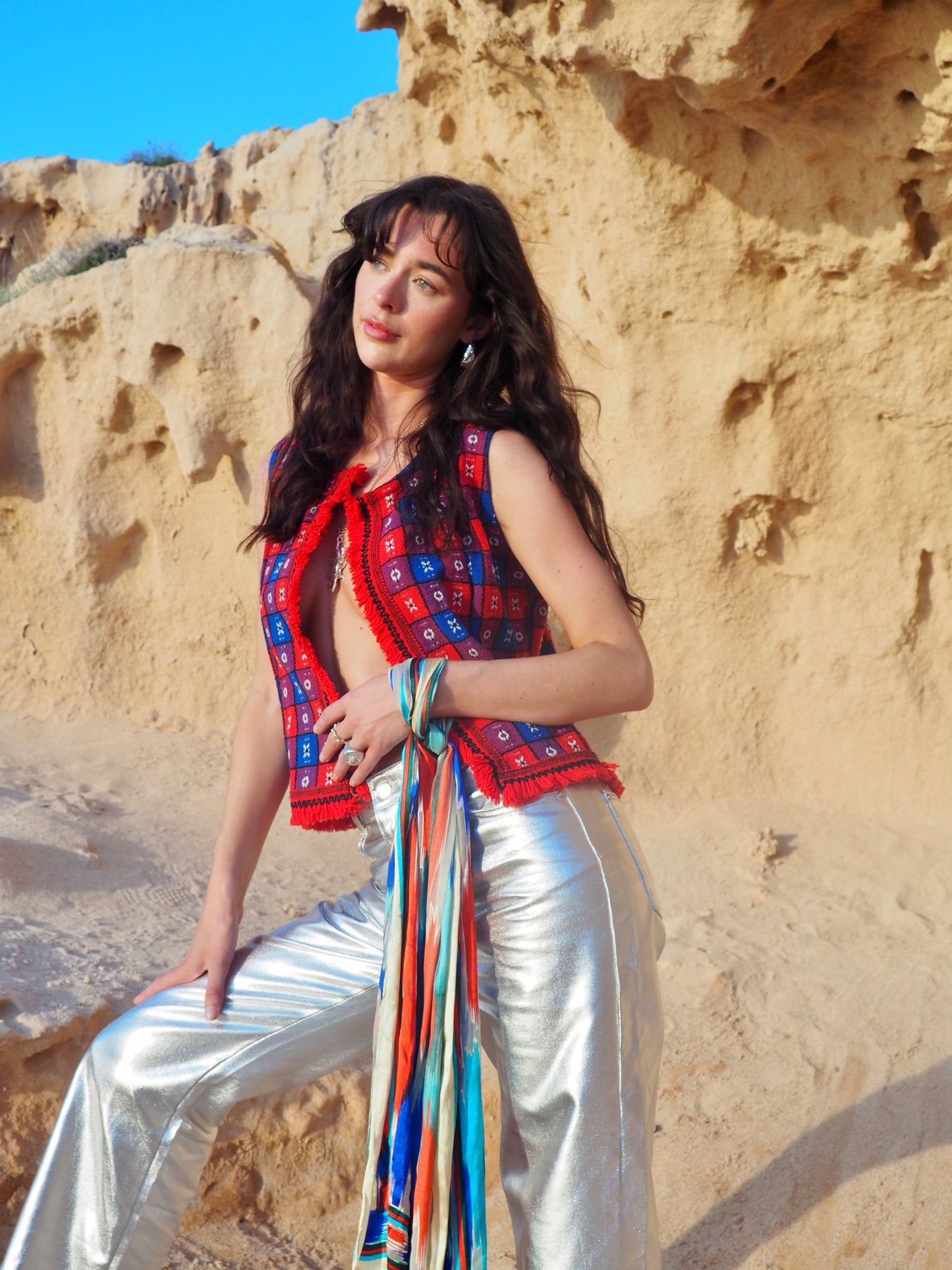 Up-cycled Vintage Cropped Waistcoat in Red and Blue - Made by Vagabond Ibiza