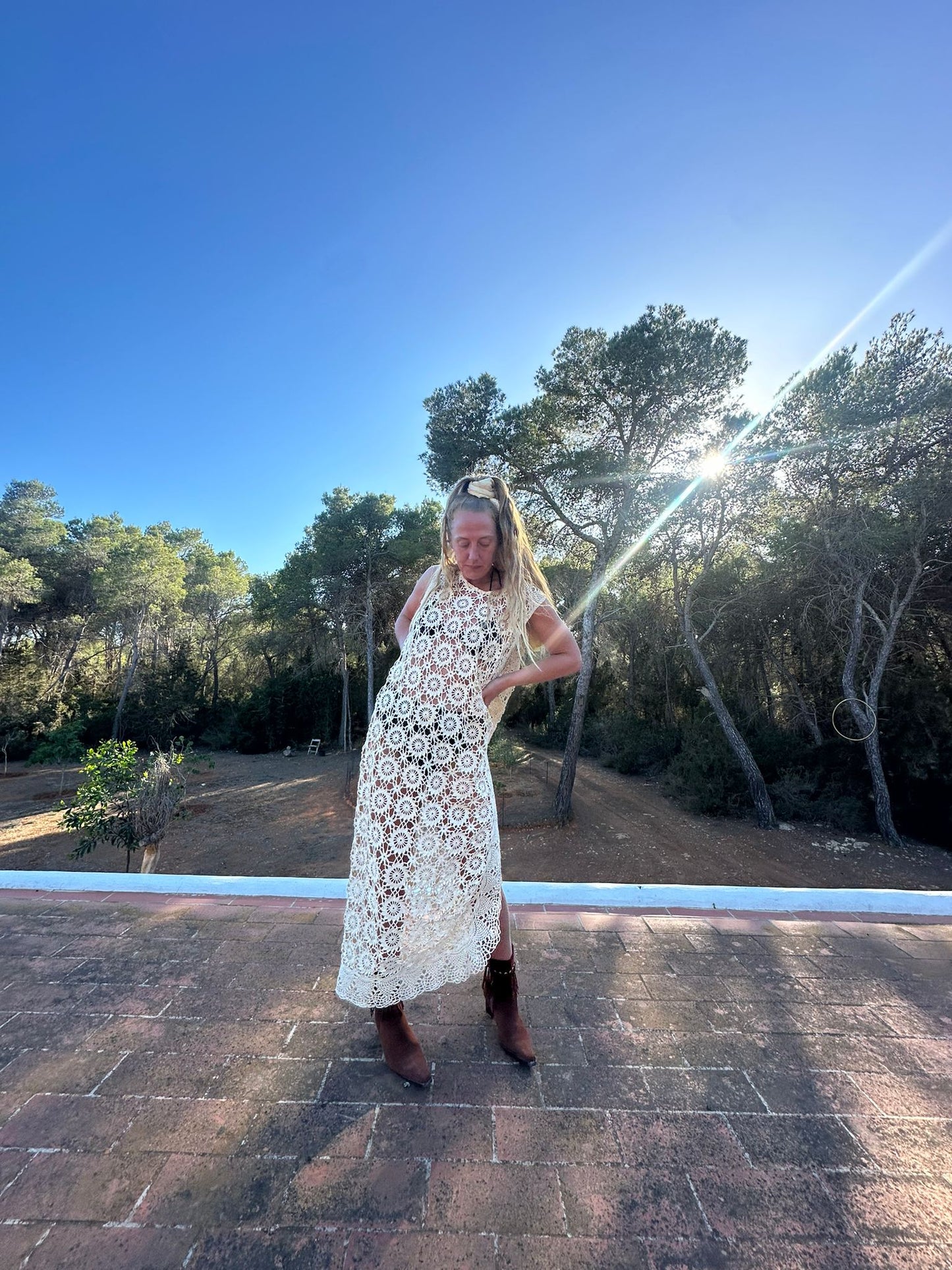 Creamy gold vintage crochet up-cycle long beach cover up with side split Ibiza party dress made by Vagabond Ibiza
