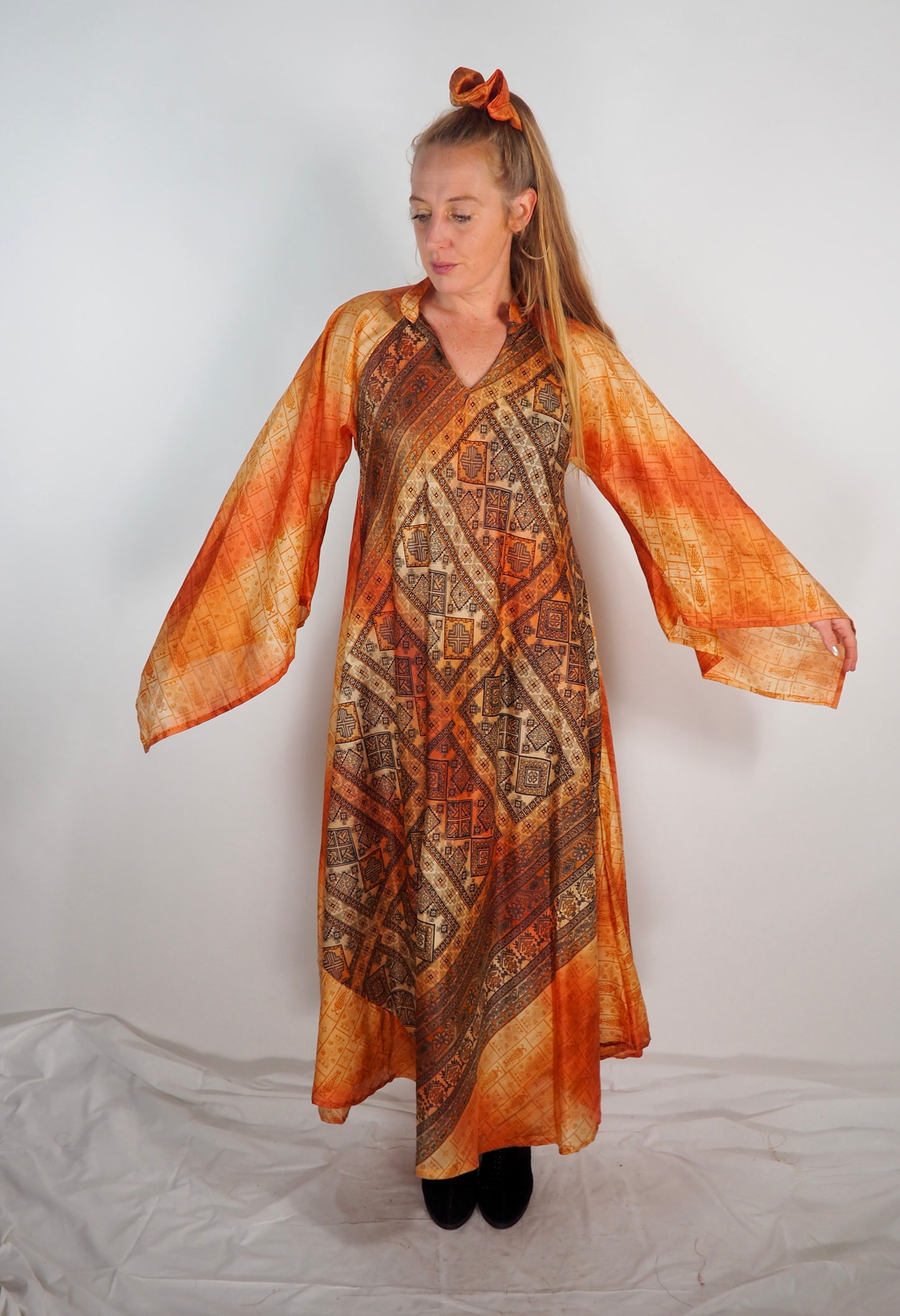 The Diamond Bias-Cut Maxi Dress – Up-cycled Vintage Sari Sustainable Dress with angel Sleeves + Matching Scrunchy & Bag