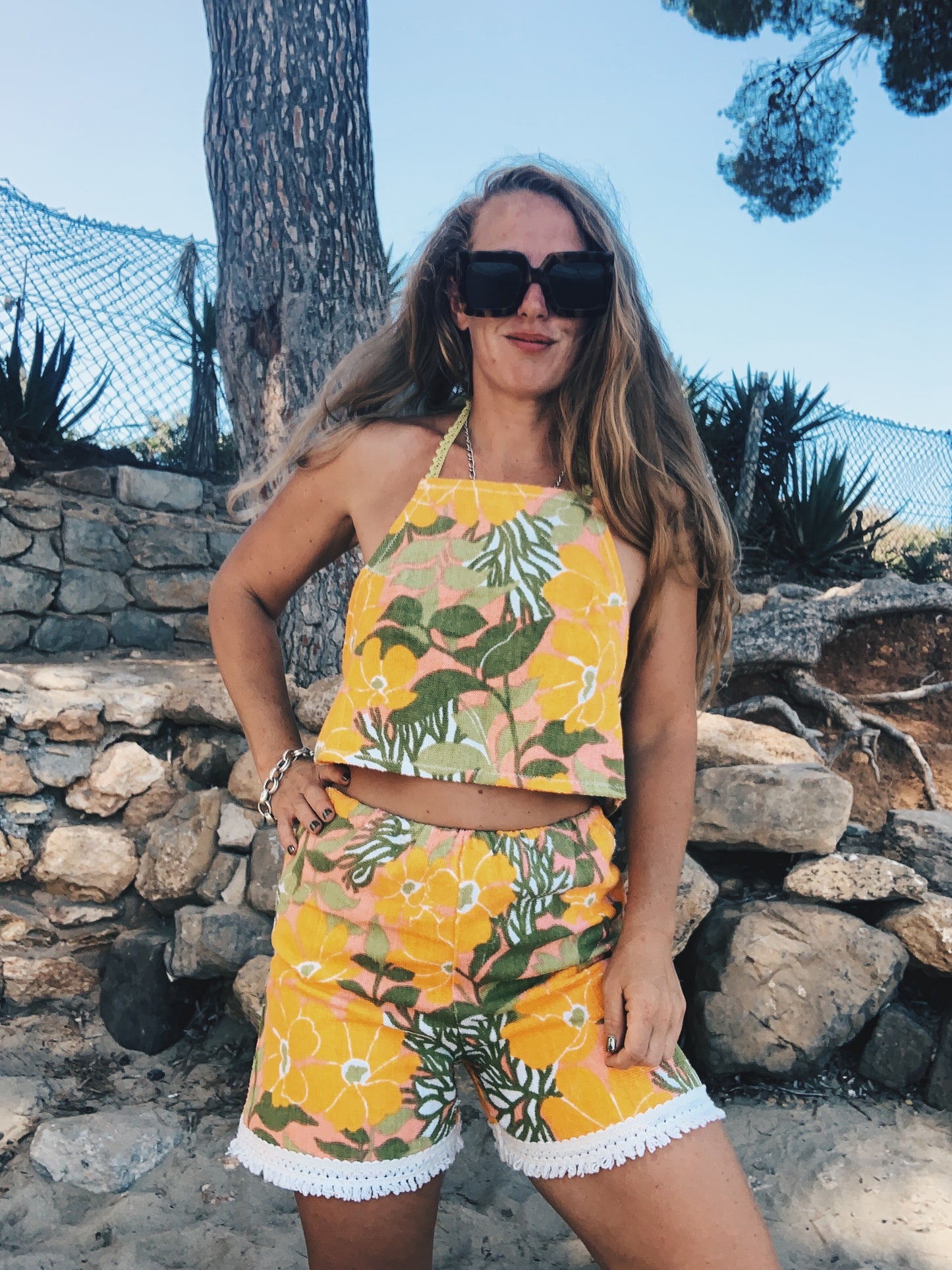 Up-cycled vintage retro floral towel 2 piece set made by Vagabond Ibiza shorts and backless tie top