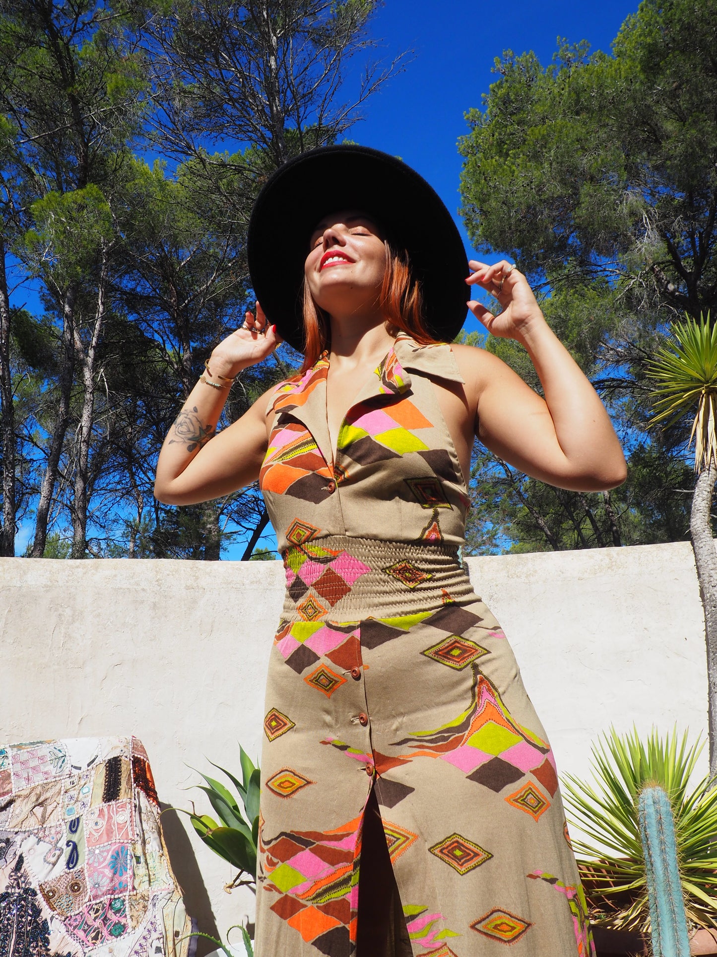 Vintage 1970’s super cool abstract printed maxi dress with a halter neck and cool collar details.