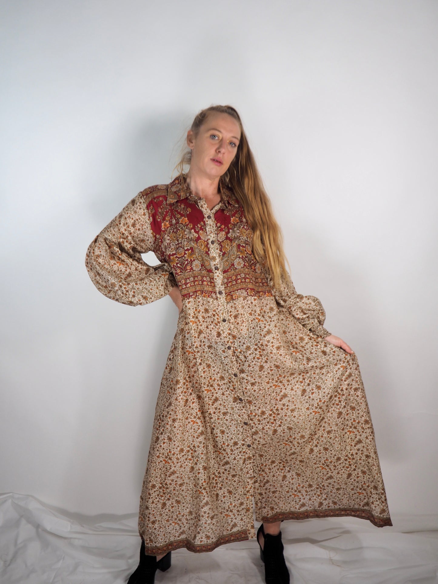 The Lenya Up-cycled Vintage Sari Dress – Sustainable Boho Dress with Oversized Sleeves Matching Scrunchy & Storage Bag