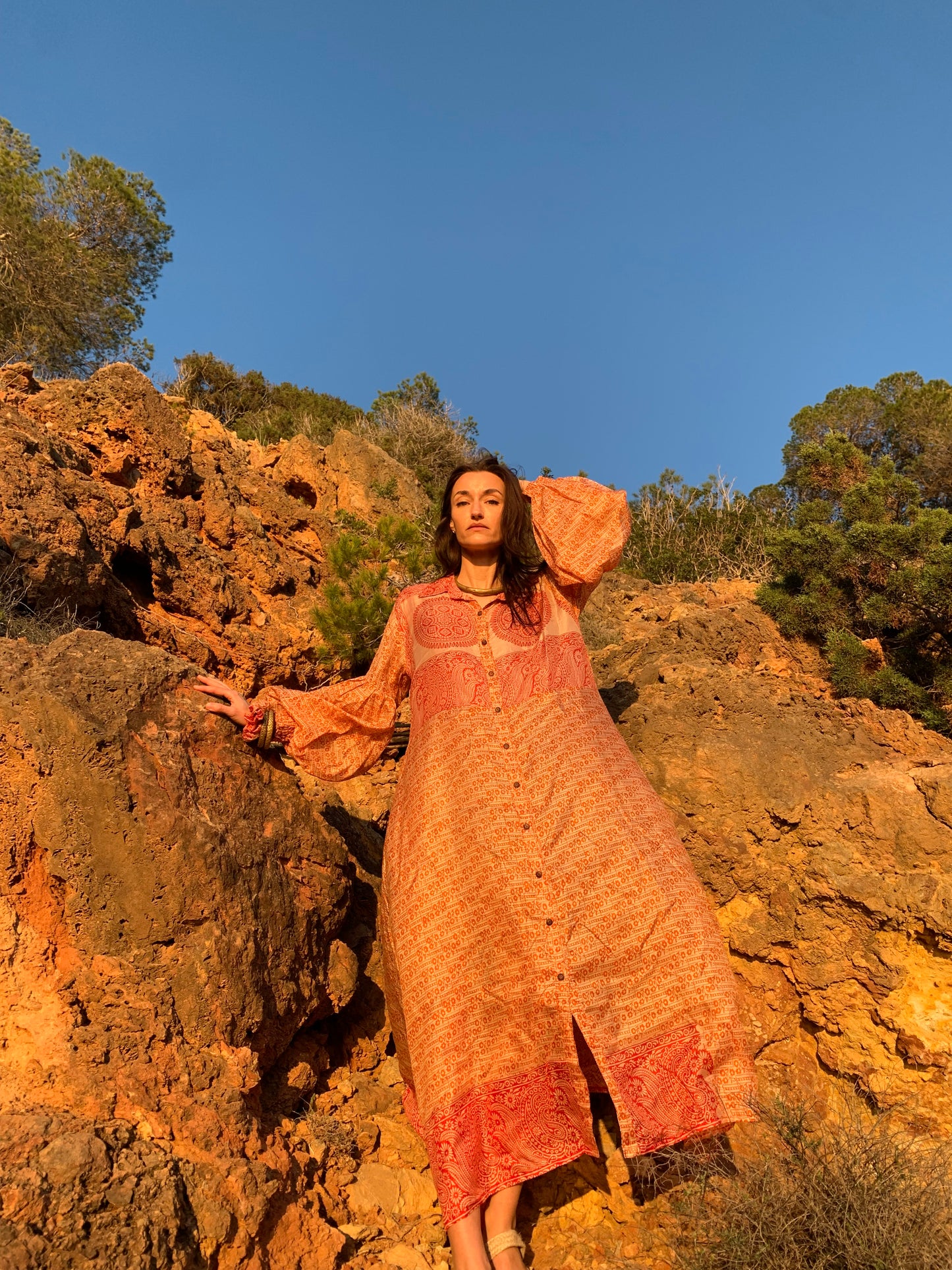 The Lenya Up-cycled Vintage Sari Dress – Sustainable Boho Dress with Oversized Sleeves Matching Scrunchy & Storage Bag