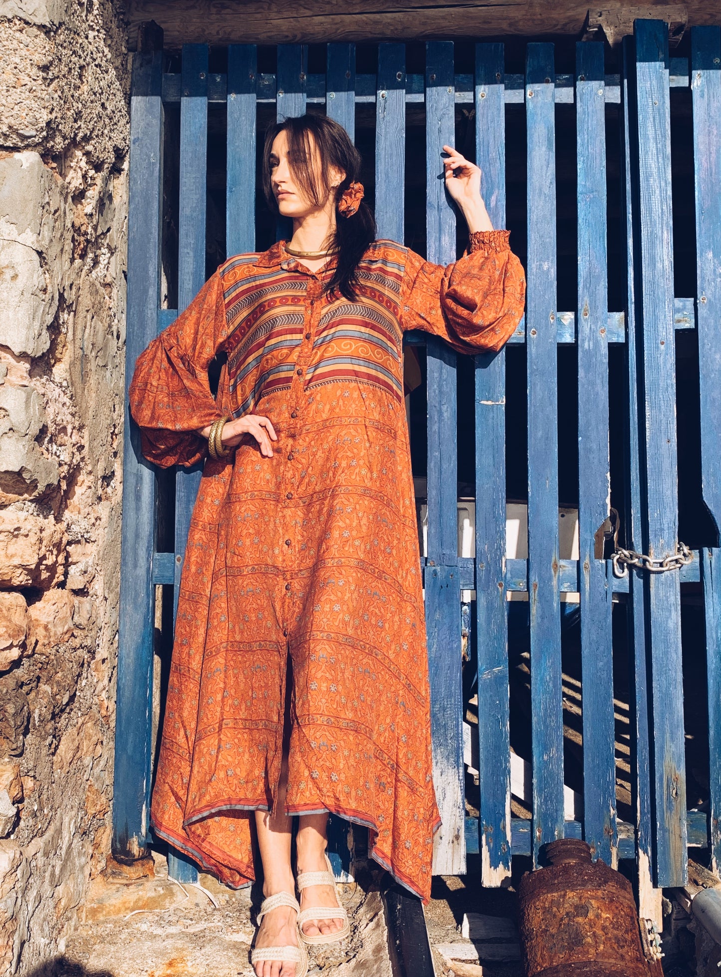 The Lenya Up-cycled Vintage Sari Dress – Sustainable Boho Dress with Oversized Sleeves Matching Scrunchy & Storage Bag*