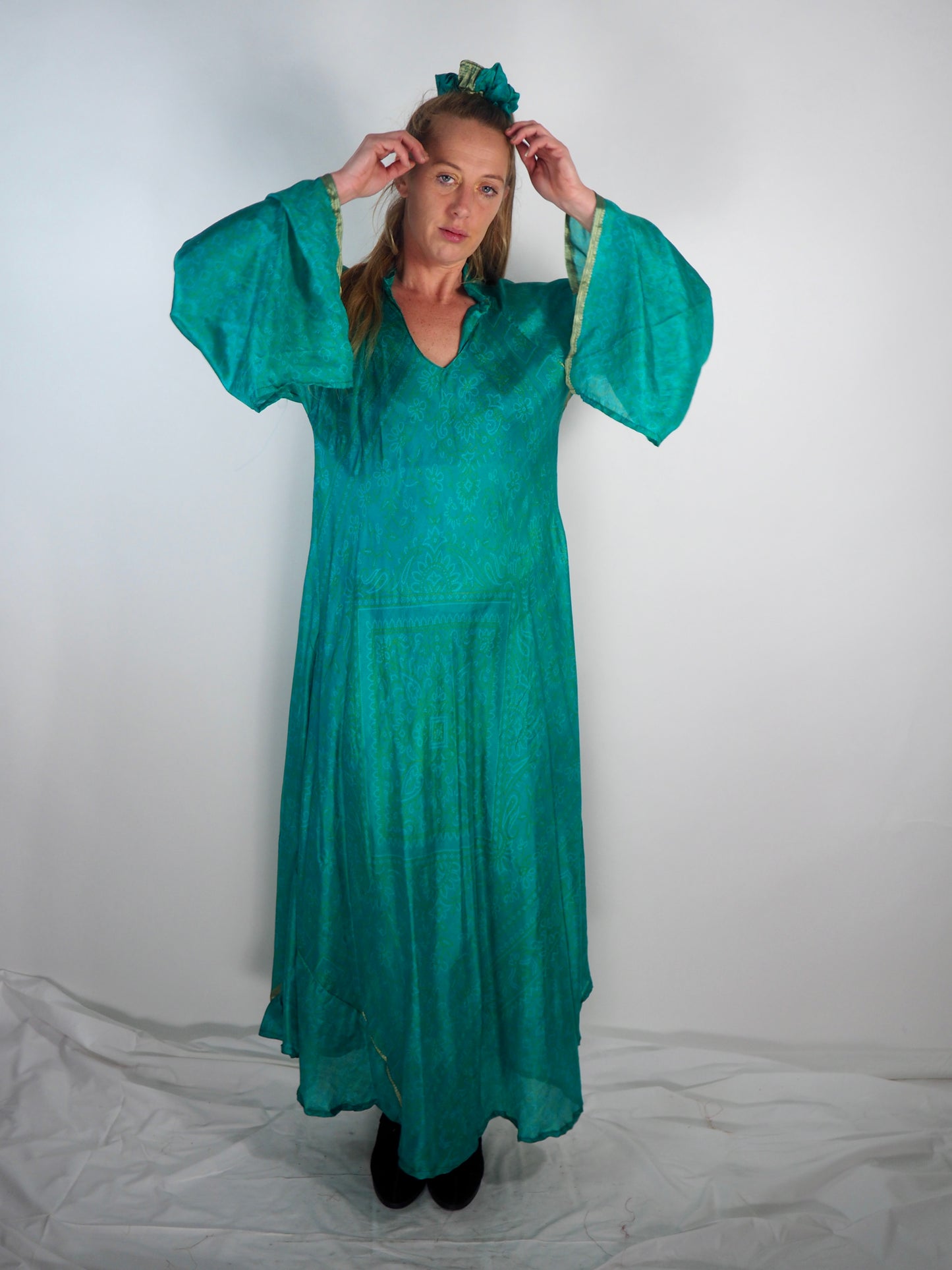 The Diamond Bias-Cut Maxi Dress – Up-cycled Vintage Sari Sustainable Dress with angel Sleeves + Matching Scrunchy & Bag
