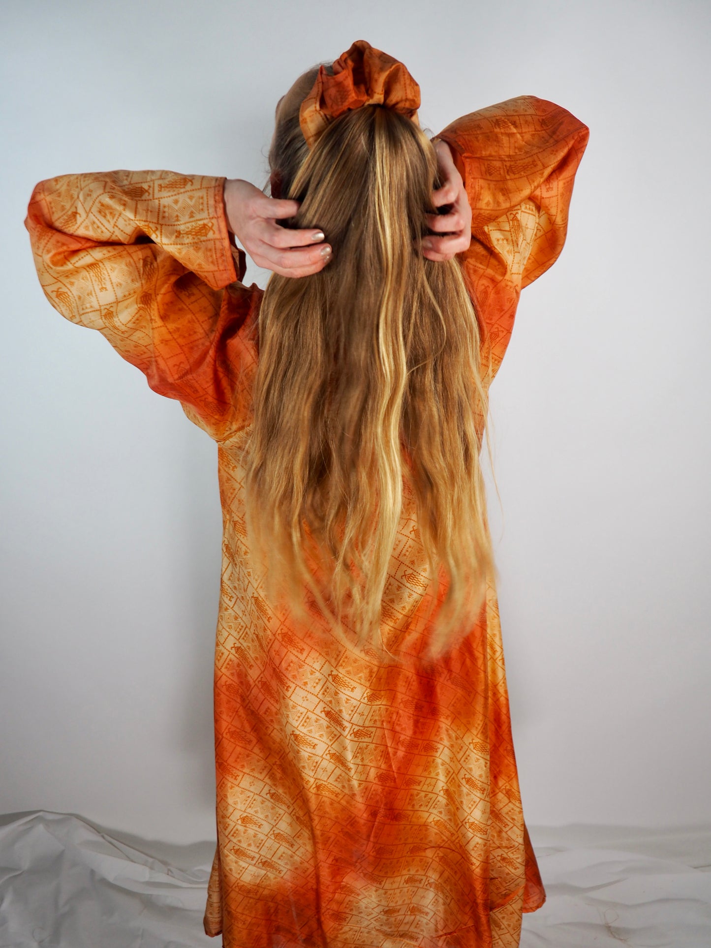 The Diamond Bias-Cut Maxi Dress – Up-cycled Vintage Sari Sustainable Dress with angel Sleeves + Matching Scrunchy & Bag
