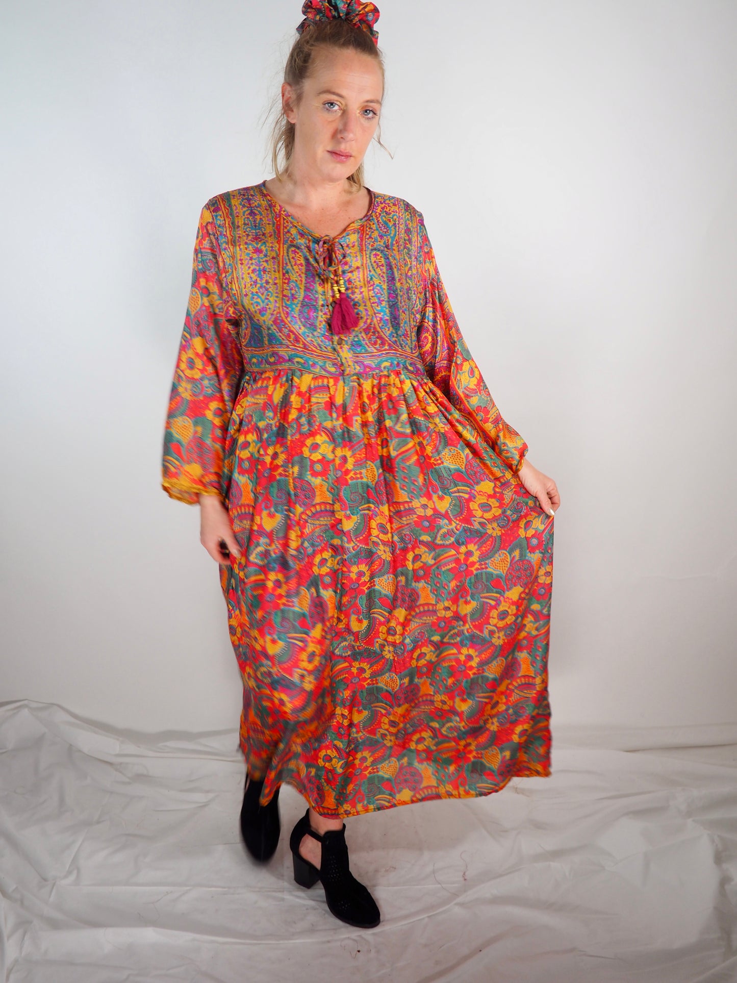The Vadella Up-cycled Vintage Re-cycled Sari Maxi Dress – Sustainable Boho Dress with Tie Neck Detail + Matching Scrunchy & Bag