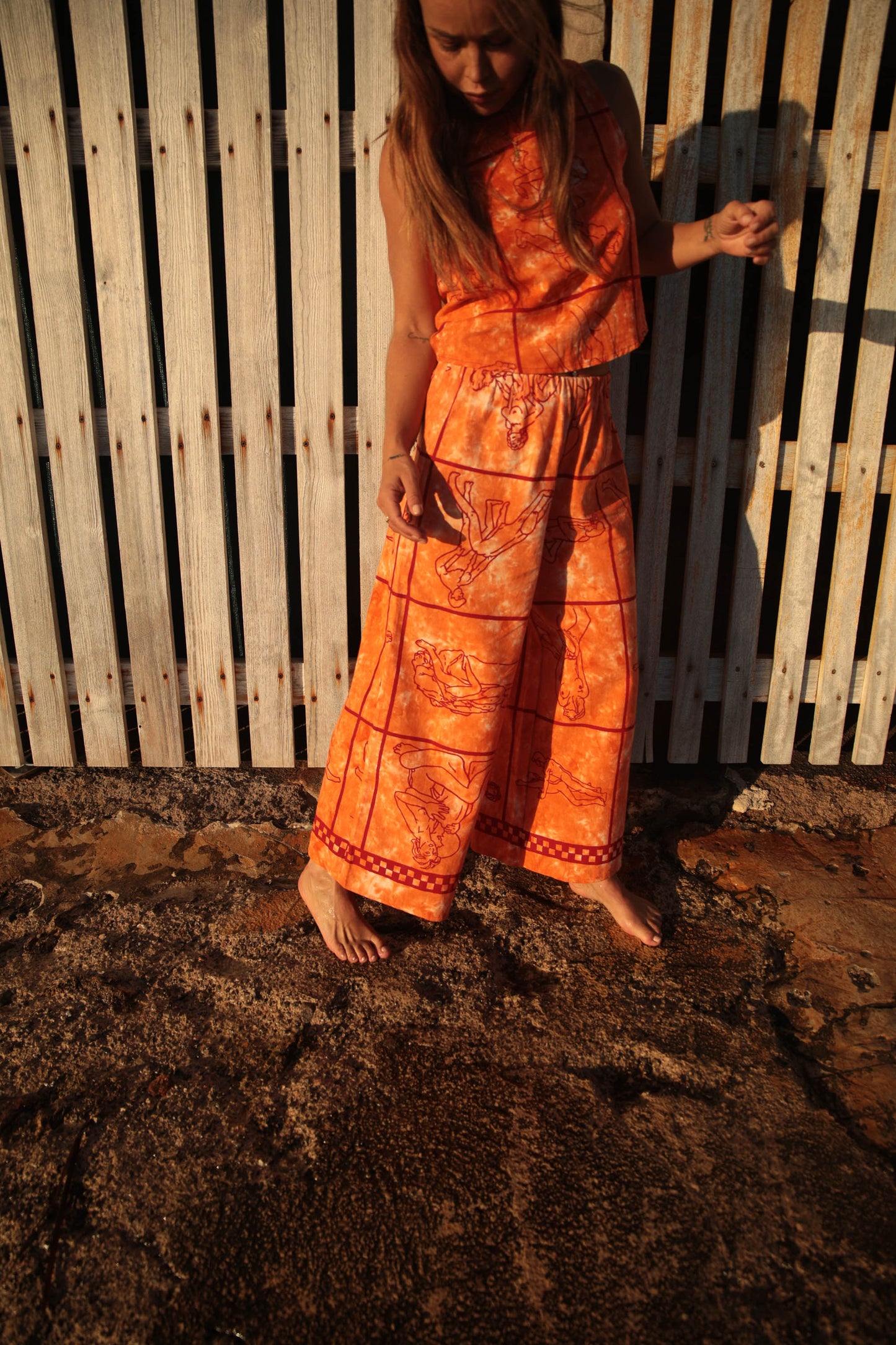 Up-cycled vintage cotton 3 piece set top and pants and mid length kimono cover up with printed karma sutra design in bright orange