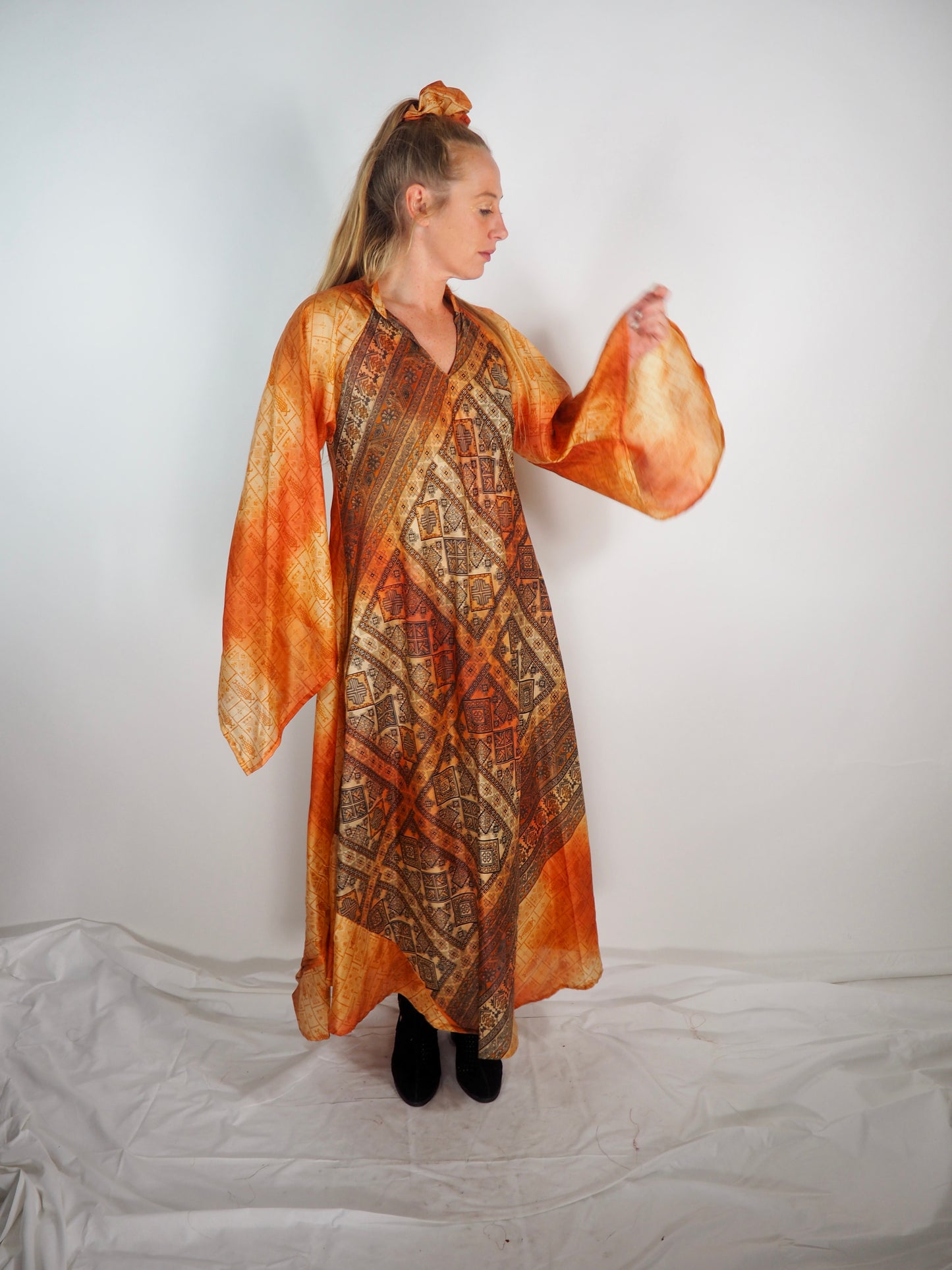 The Diamond Bias-Cut Maxi Dress – Up-cycled Vintage Sari Sustainable Dress with angel Sleeves + Matching Scrunchy & Bag