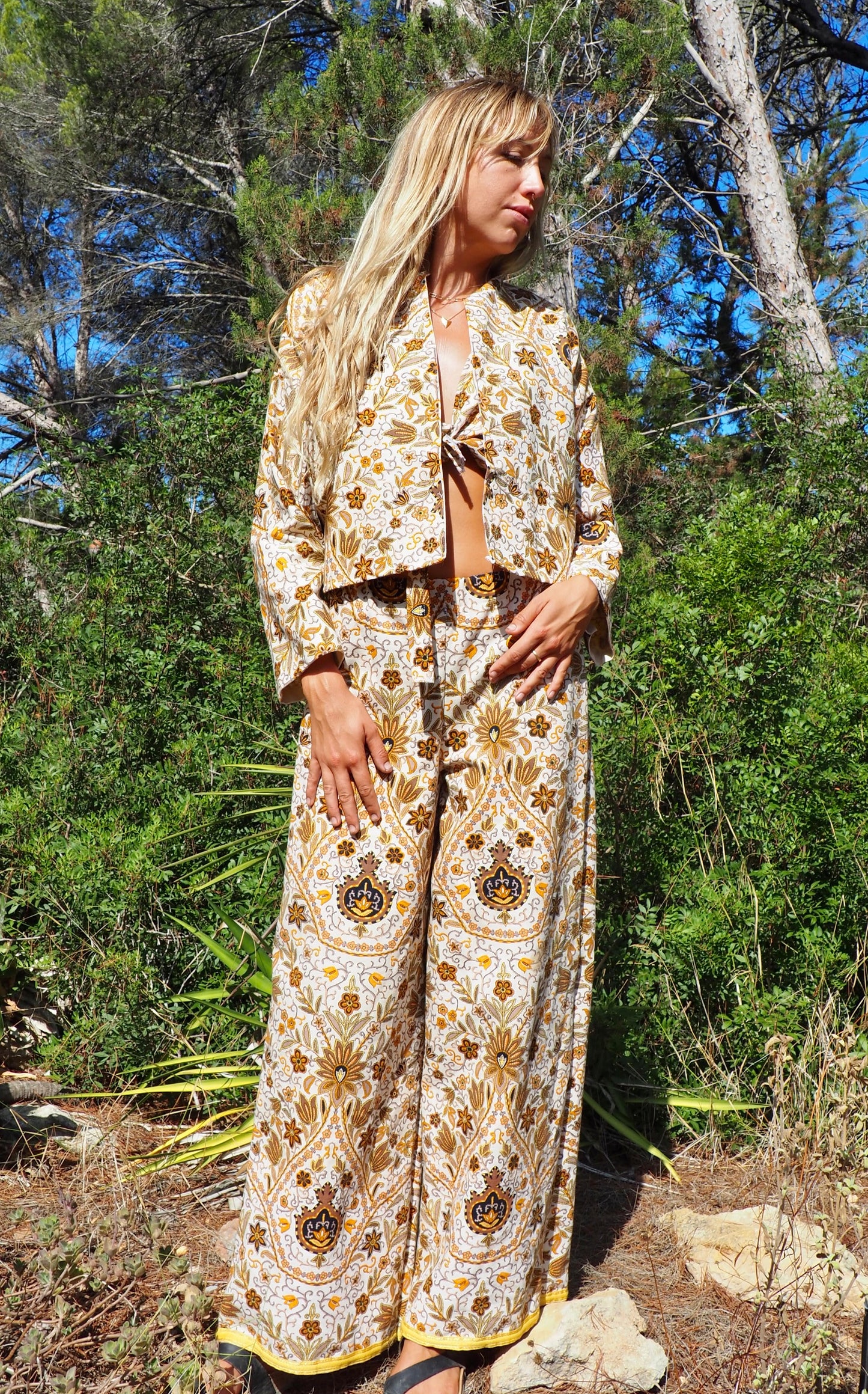 Up-cycled heavy cotton cropped jacket with Cream yellow and black floral printed design the textile is from france very nice quality by Vagabond Ibiza