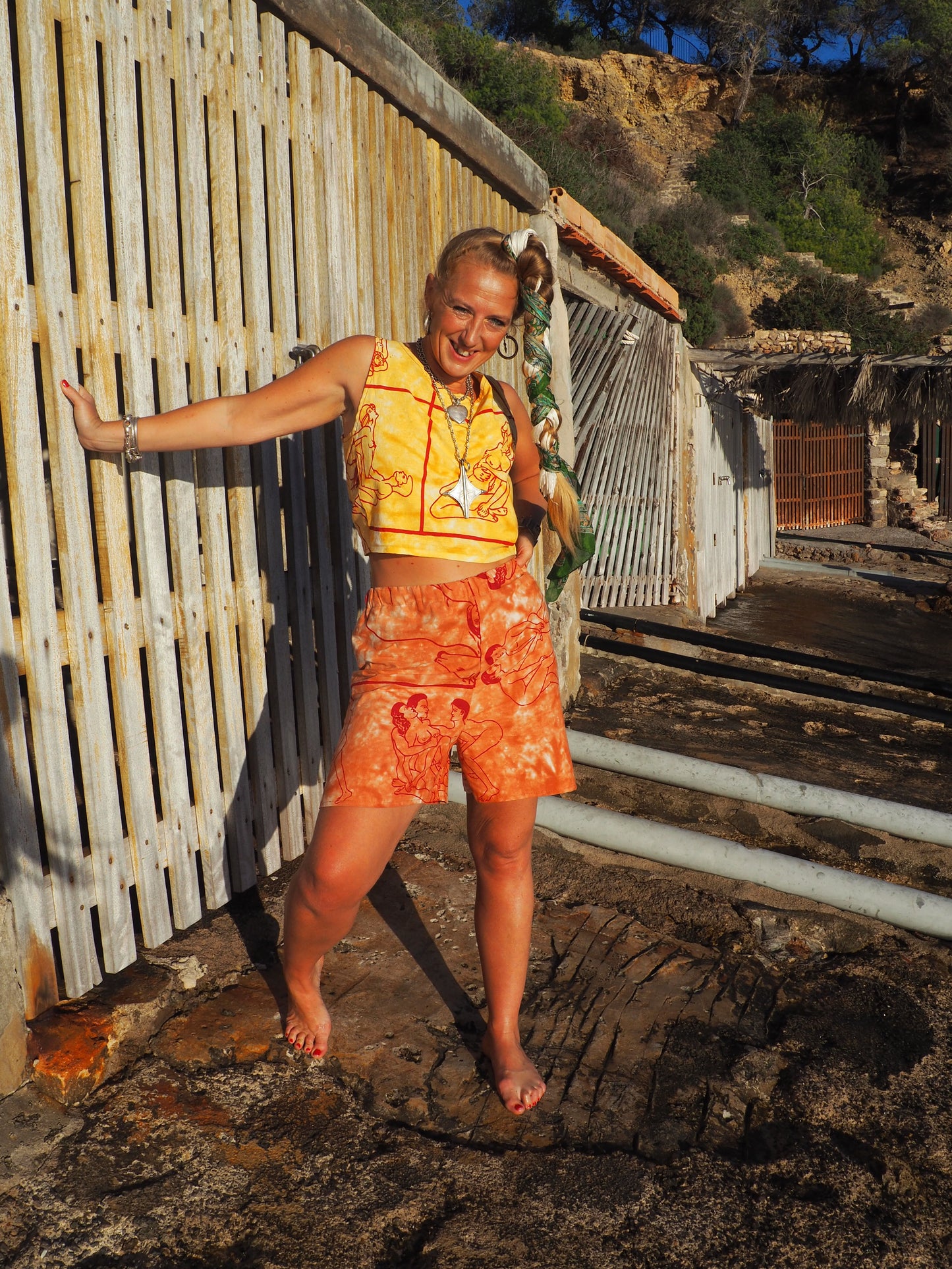 Up-cycled vintage cotton reversible tie top with printed karma sutra design in bright blue and orange.