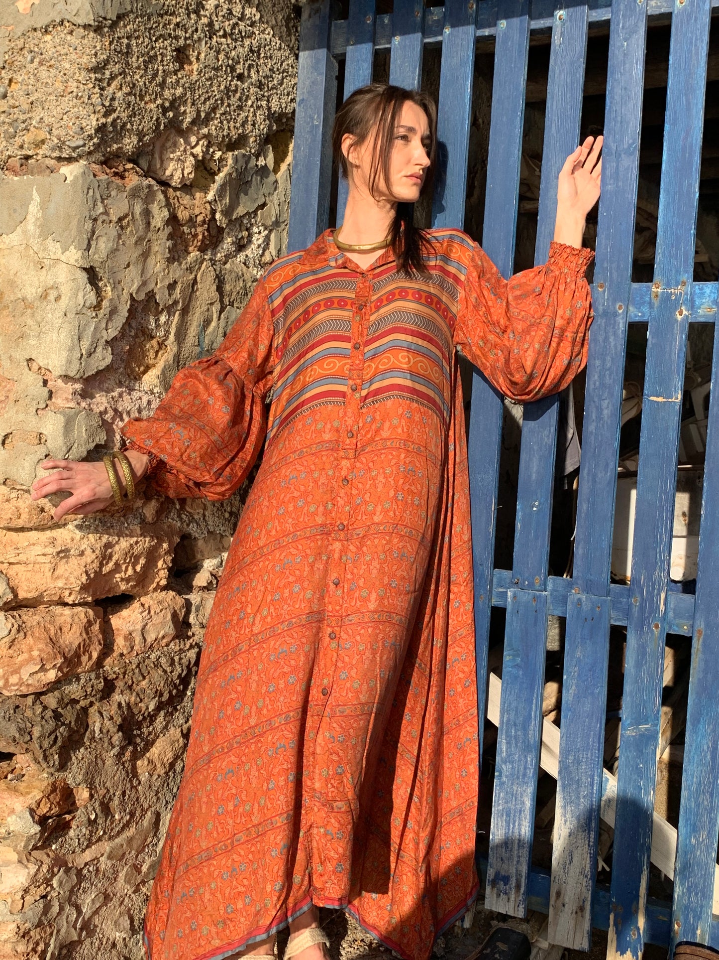 The Lenya Up-cycled Vintage Sari Dress – Sustainable Boho Dress with Oversized Sleeves Matching Scrunchy & Storage Bag*