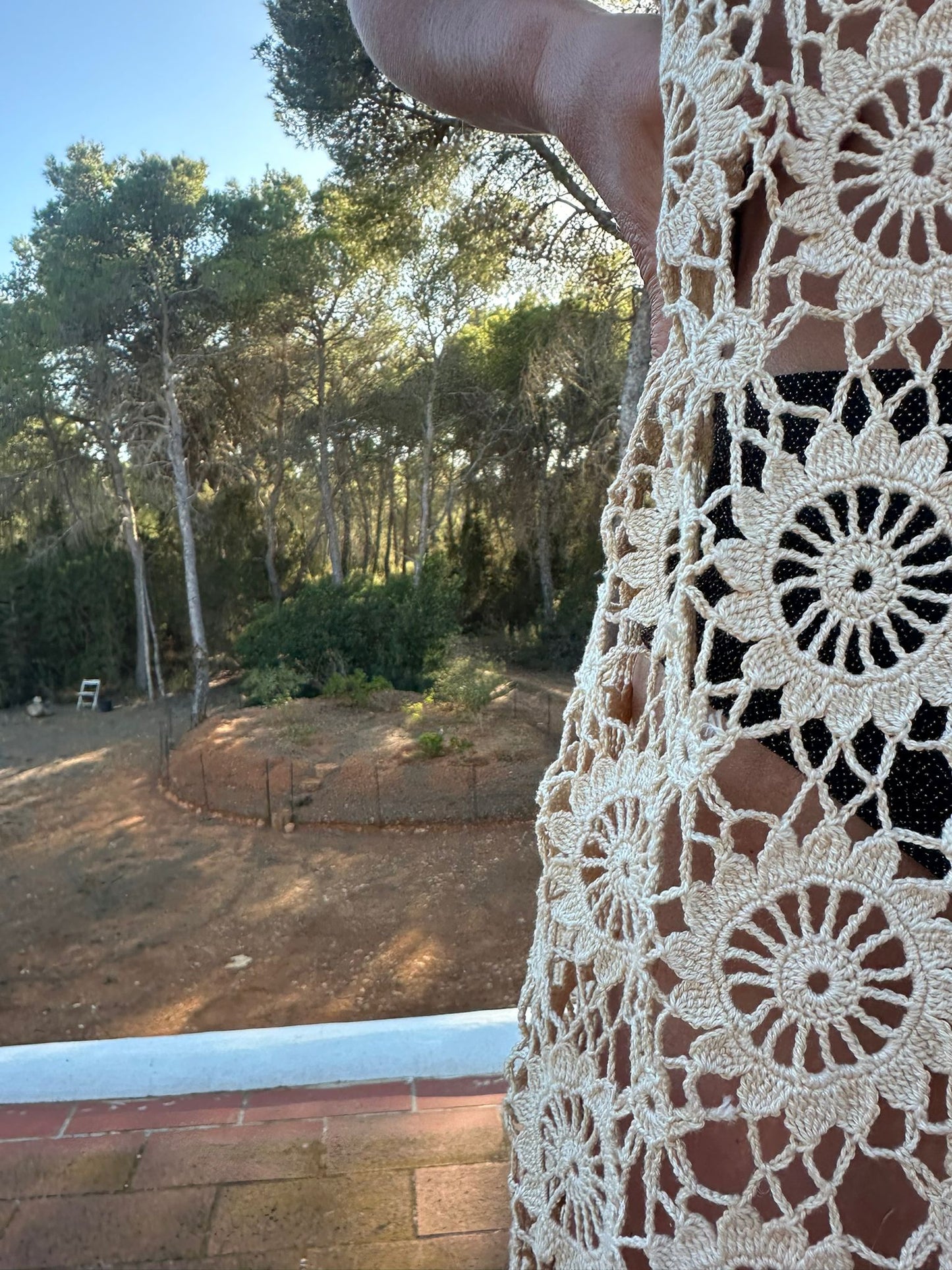 Creamy gold vintage crochet up-cycle long beach cover up with side split Ibiza party dress made by Vagabond Ibiza