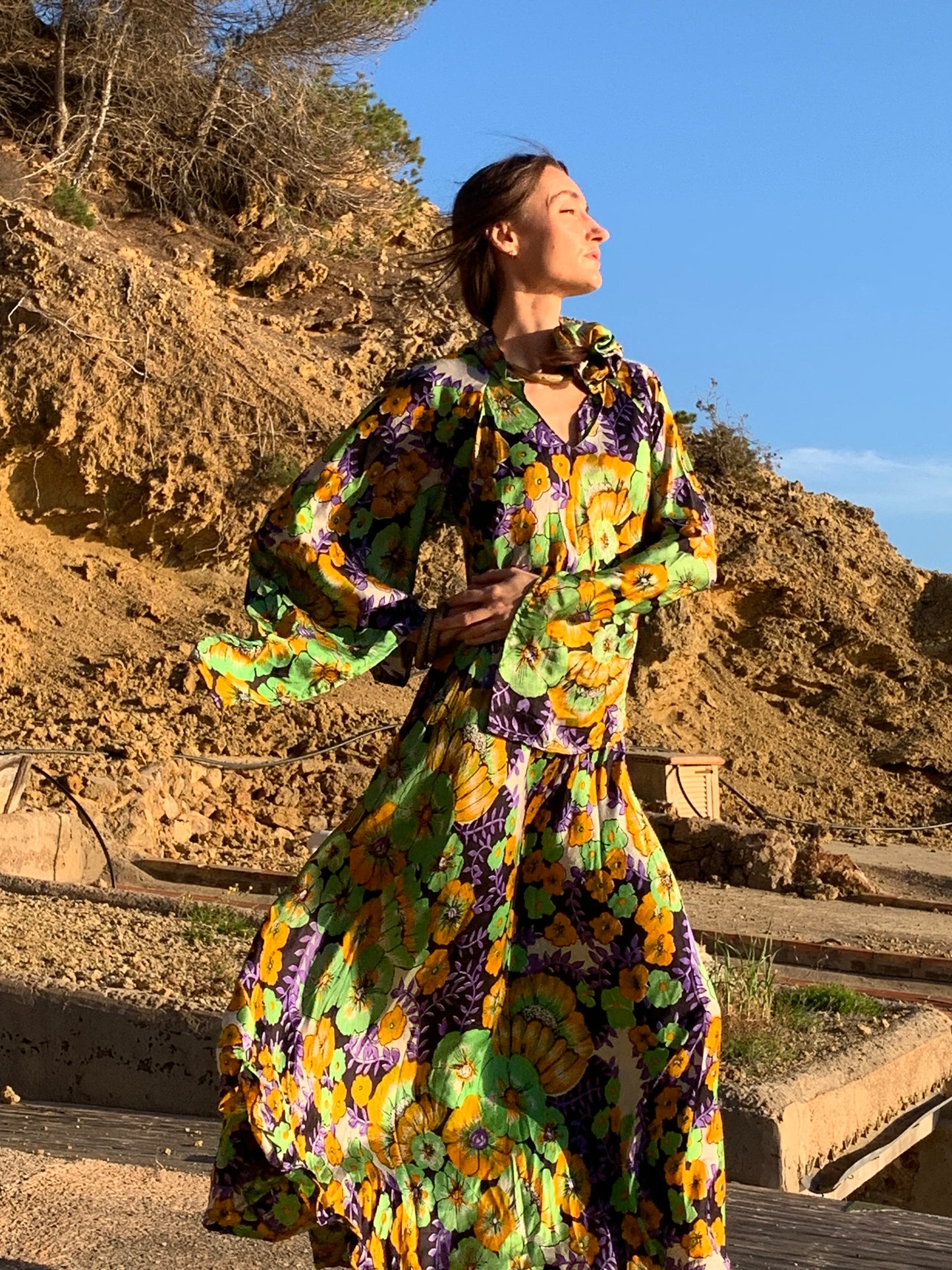 The Diamond Bias-Cut Maxi Dress – Up-cycled Vintage Sari Sustainable Dress with angel Sleeves + Matching Scrunchy & Bag