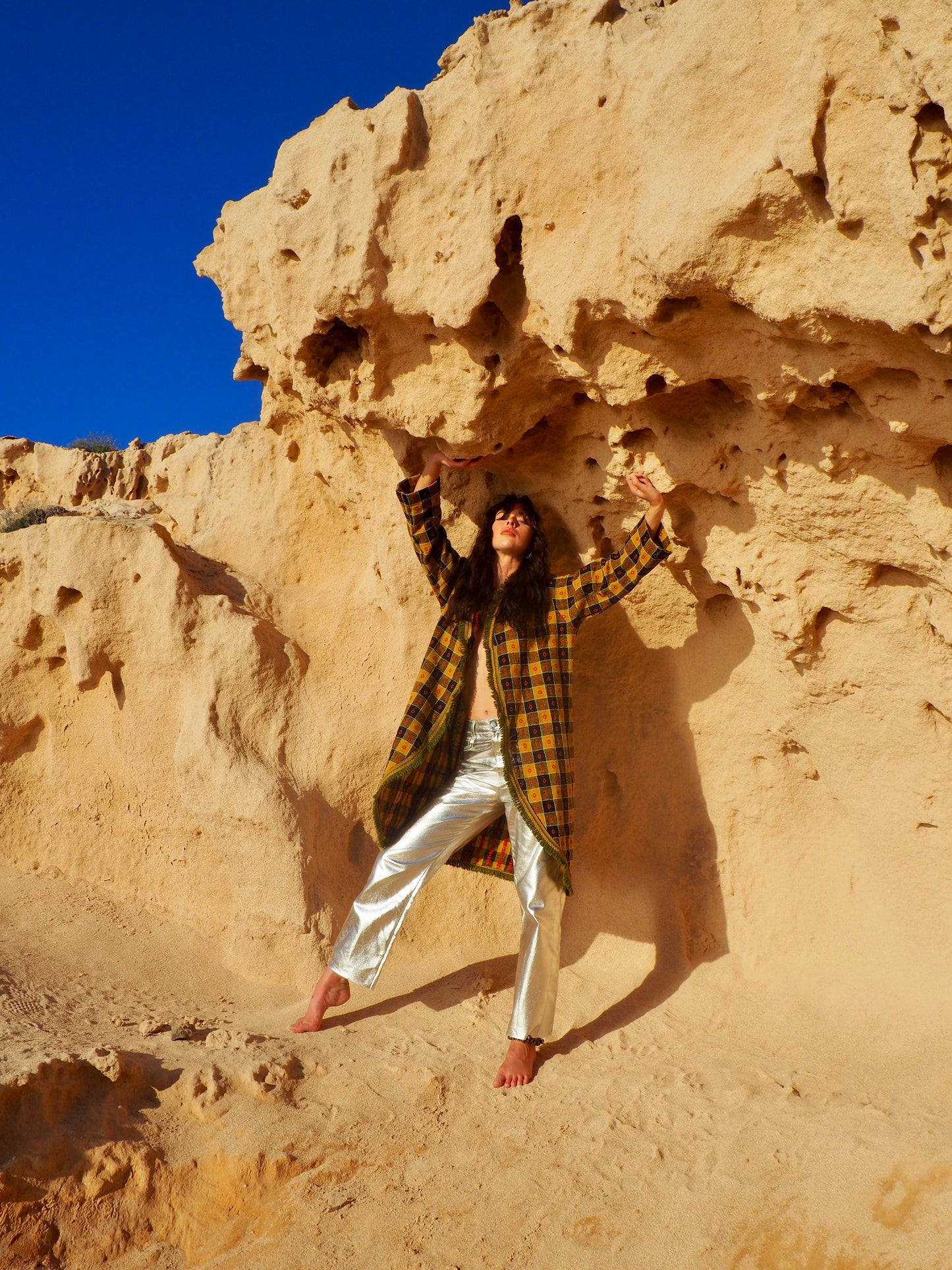 Long Full Jacket in Mustard Yellow, Black, and Red - Upcycled Vintage Textiles Made by Vagabond Ibiza