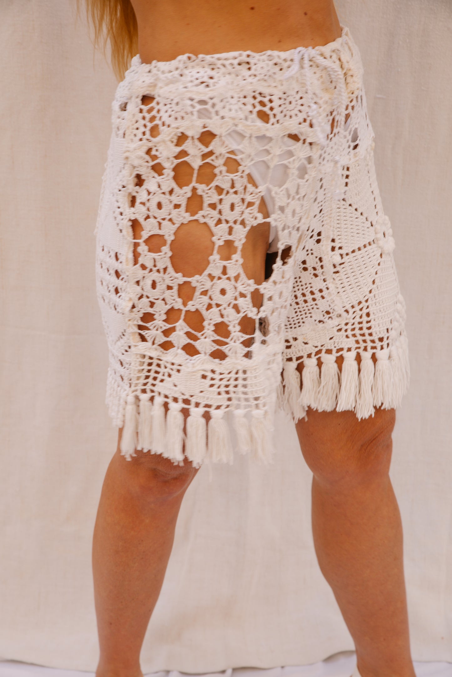 Handmade Upcycled Crochet Patchwork Shorts with Tassels by Vagabond Ibiza
